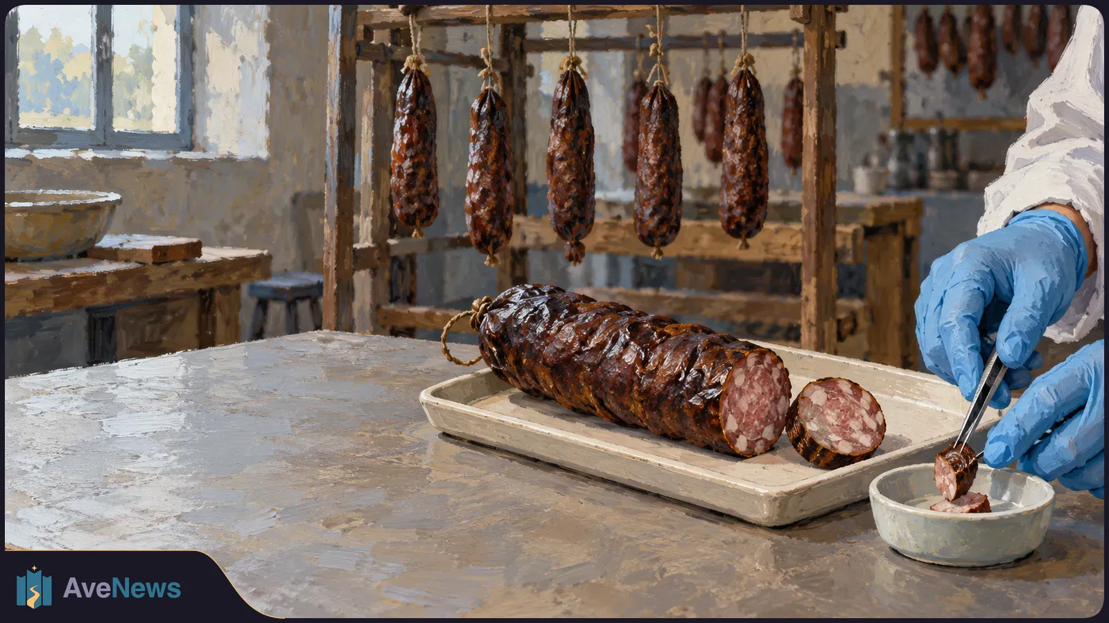 Painterly view of sausages hanging on a wooden rack, with a cut sausage on a tray and blue-gloved hands placing a slice into a bowl. SI illustration