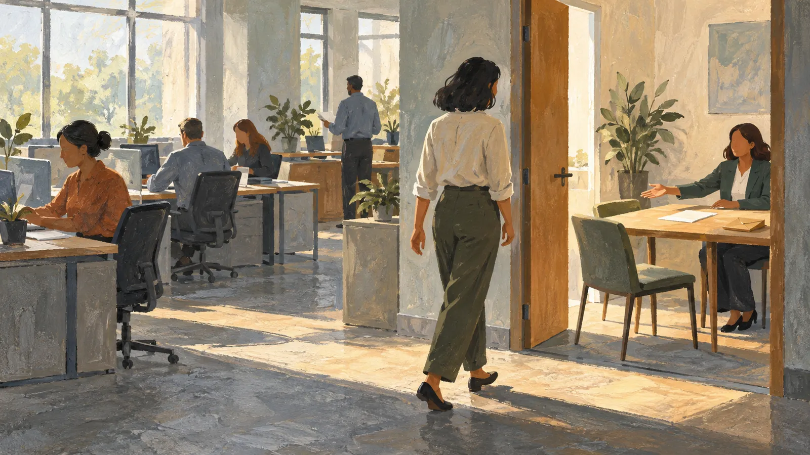 In a sunlit office, a woman walks toward an open meeting room where another woman gestures from a table; coworkers sit and stand among desks and plants. SI illustration