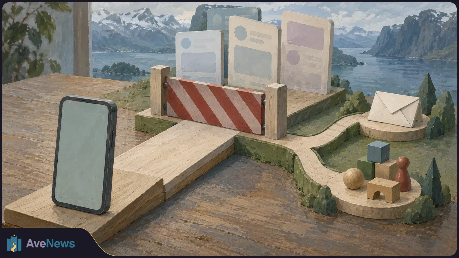 Painted tabletop scene with a blank smartphone facing a red-and-white striped barrier, pale card-shaped panels, an envelope and toy blocks, with a mountain lake behind. SI illustration