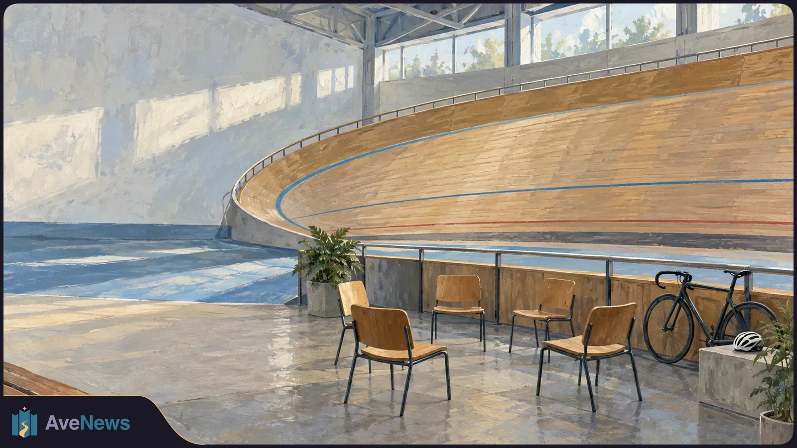 Painted view of an empty indoor cycling track, with wooden chairs, a bicycle and a helmet beside the track. SI illustration