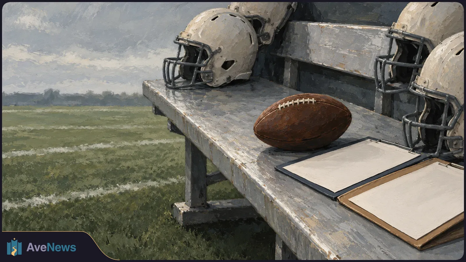 Illustration of football helmets, a ball and two blank clipboards on a sideline bench beside a field. SI illustration