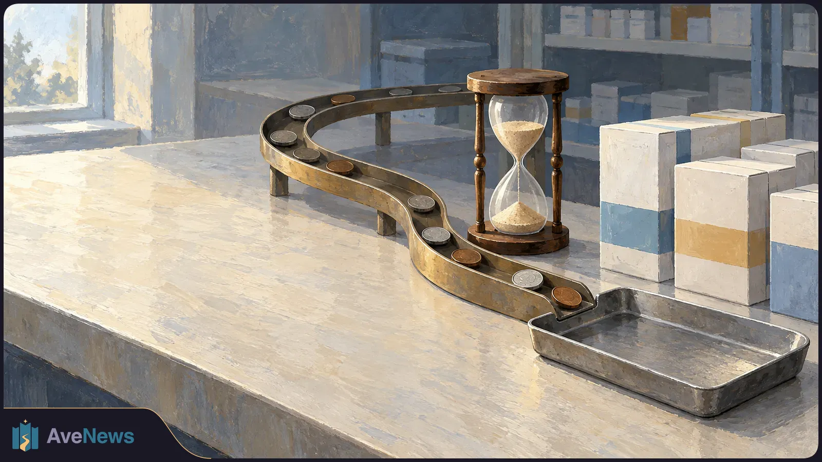 Painted scene of an hourglass beside an S-shaped track carrying coins toward a metal tray, with plain medicine boxes on shelves and the counter. SI illustration