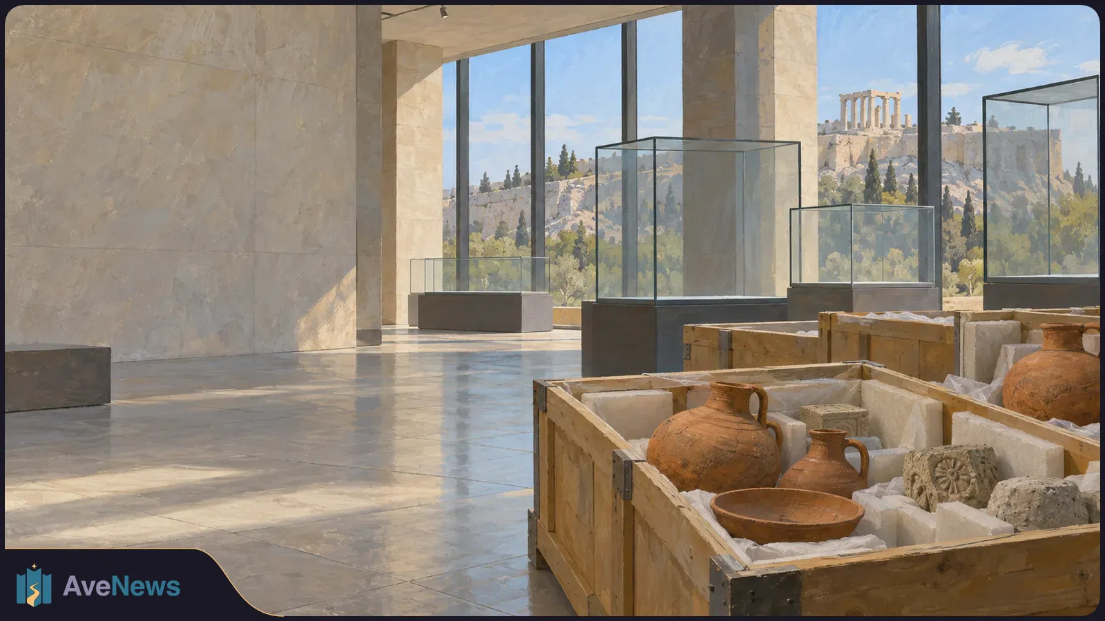 Painted museum gallery with empty glass display cases and wooden crates holding pottery and stone objects. Ancient columns are visible on a hill through tall windows. SI illustration