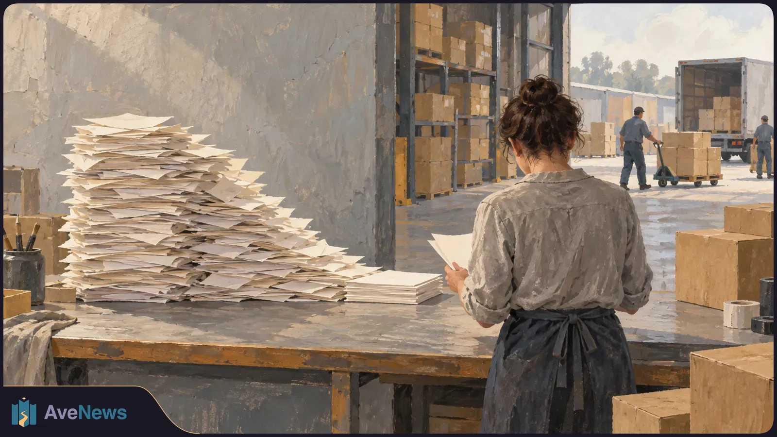 An illustrated warehouse scene: a woman holds papers beside a tall stack of documents, with boxes, shelves and workers loading a truck in the background. SI illustration