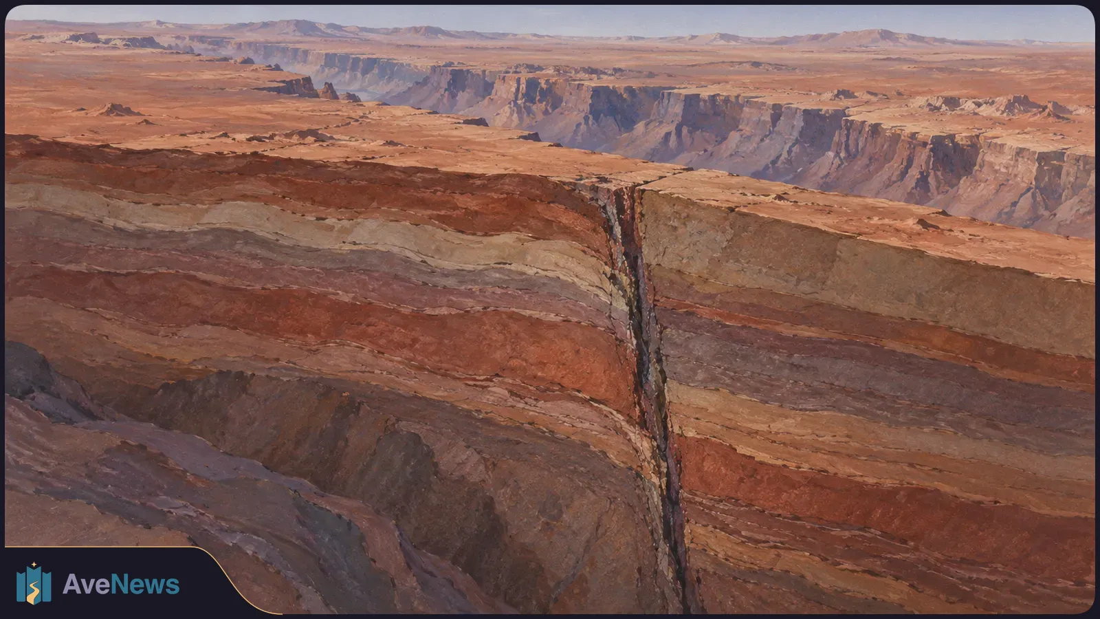Illustration of a vast desert canyon, with layered red and tan rock in the foreground divided by a narrow dark fissure. SI illustration