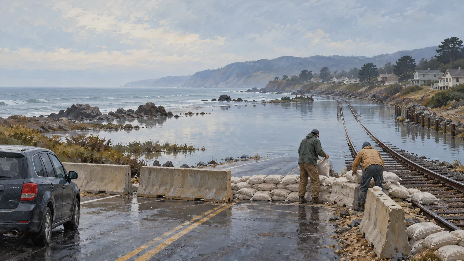 Two people stack sandbags beside concrete barriers on a flooded coastal road, with railway tracks, a car and houses along the shore. SI illustration