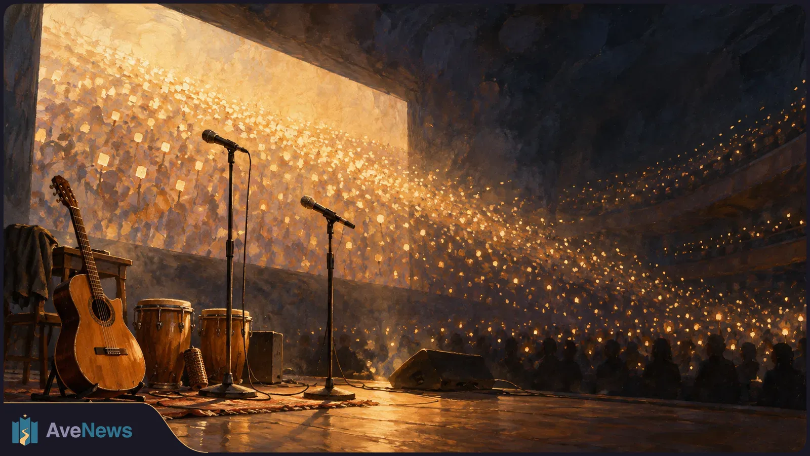 Painterly concert stage with two microphones, an acoustic guitar and conga drums facing a vast crowd dotted with warm lights. SI illustration