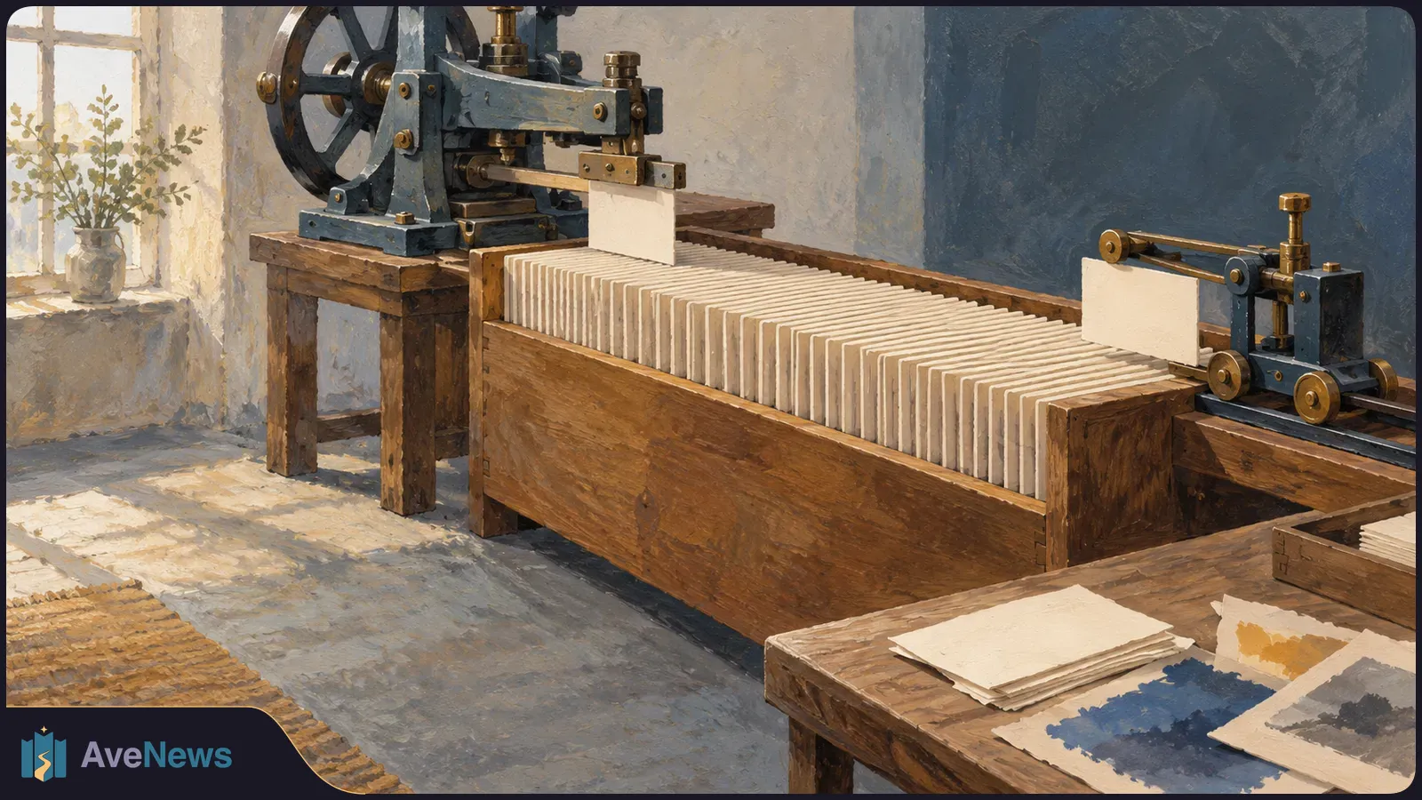 Painted workshop scene with two metal machines at opposite ends of a long wooden rack of blank sheets; stacks of paper and painted swatches lie on a nearby table. SI illustration