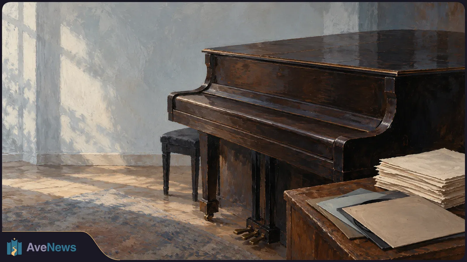 A dark wooden piano and bench in a sunlit room, with a stack of papers on a wooden table in the foreground. SI illustration