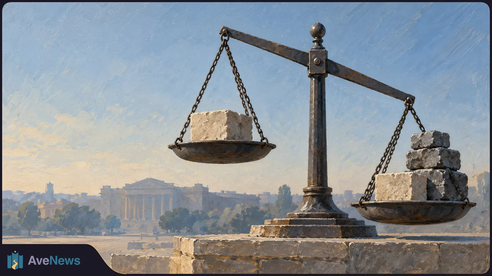 Painterly illustration of a tilted balance scale holding one stone block on the raised pan and several blocks on the lowered pan, with a columned building in the distance. SI illustration