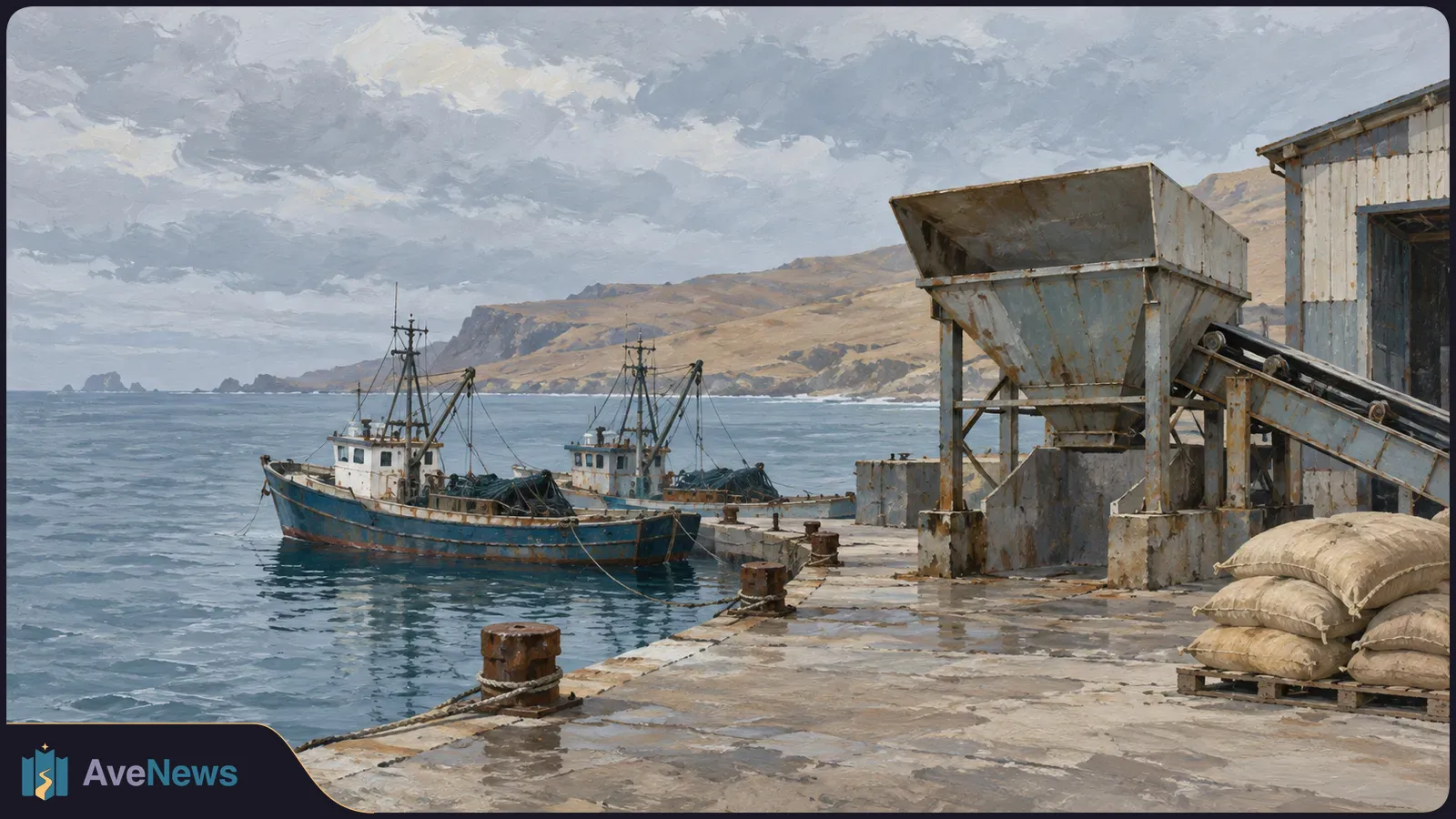 Painted coastal harbor with two blue fishing boats moored beside a concrete quay, a large hopper and conveyor, stacked sacks, and dry hills under cloudy skies. SI illustration