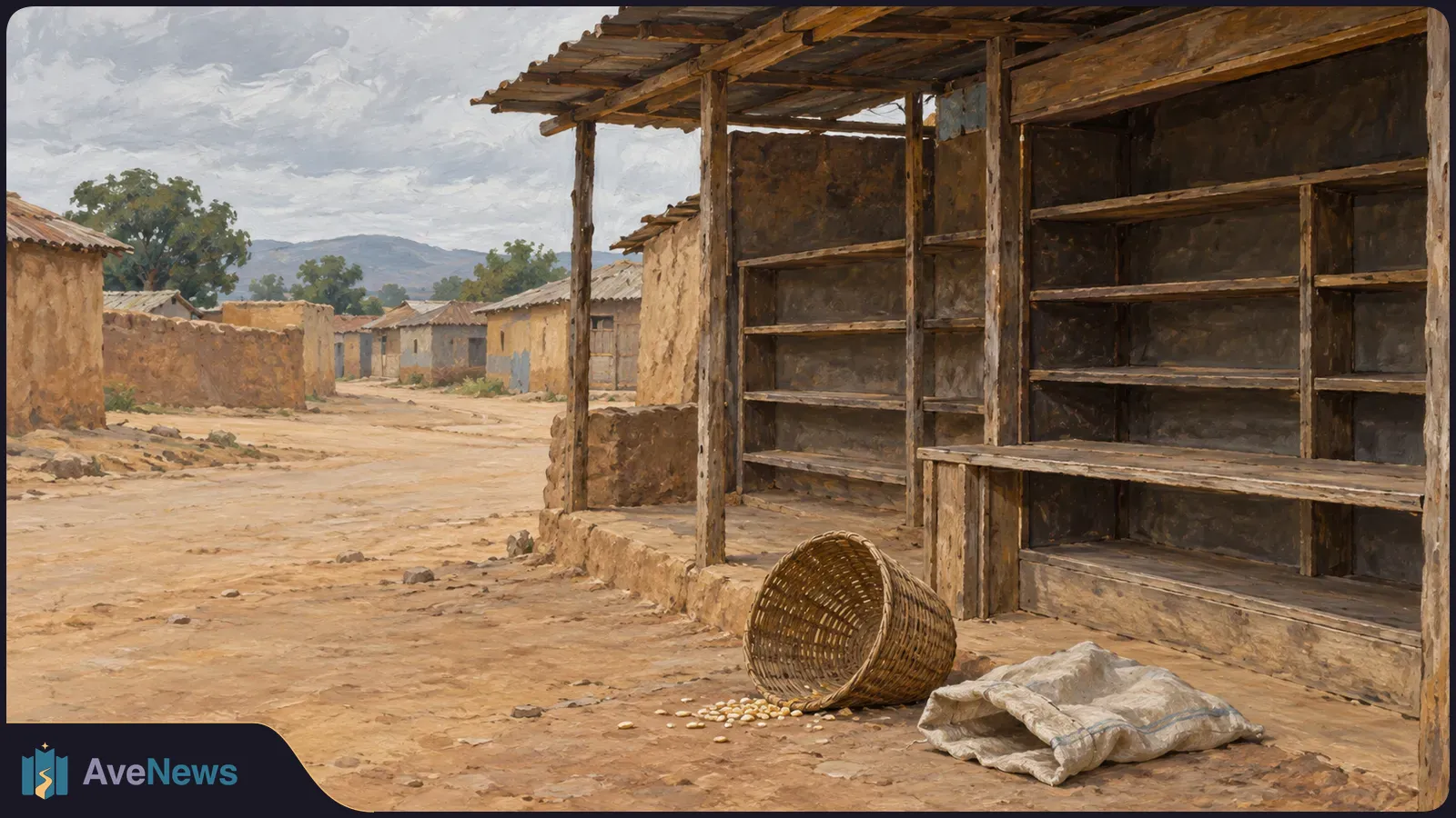 Painted scene of empty wooden market shelves beside a dusty village road, with an overturned basket, scattered grain and an open sack in front. SI illustration