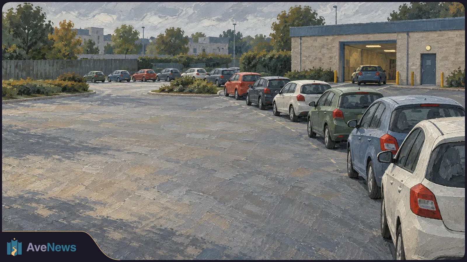 Painterly view of cars lined up along a parking lot beside a low building with an open vehicle bay, under a cloudy sky. SI illustration