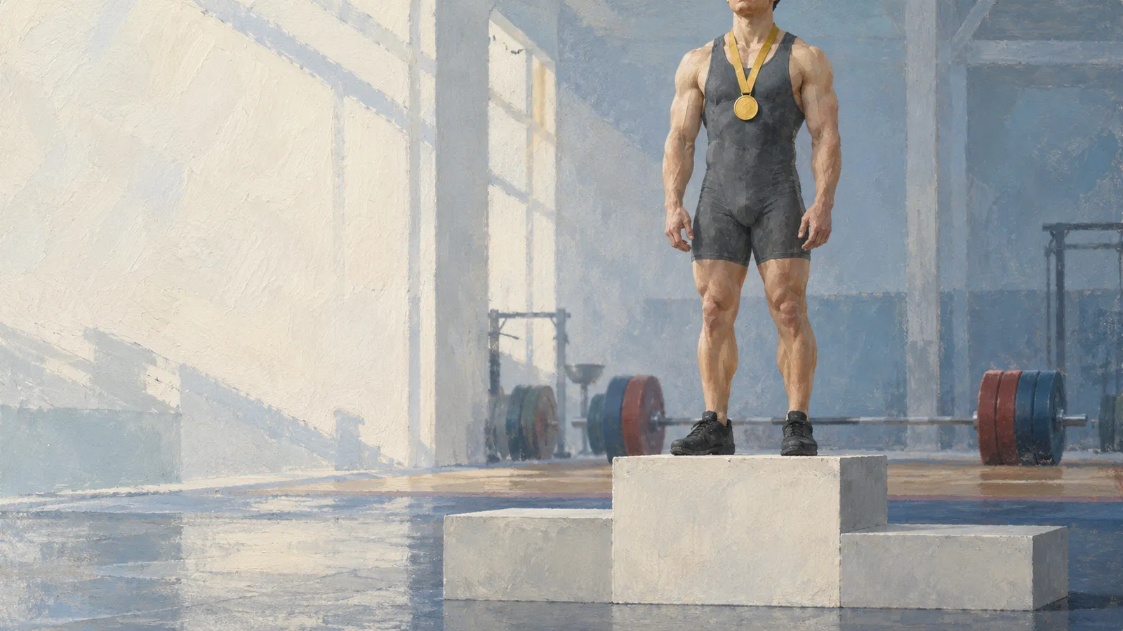 Illustration of a muscular athlete wearing a gold medal on a white podium, with a loaded barbell behind him in a sunlit gym. His head is cropped out. SI illustration
