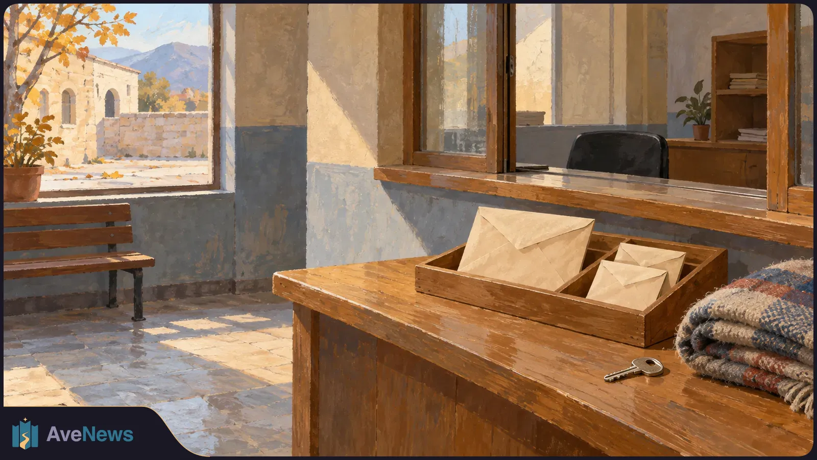 Painted waiting room with a wooden service counter holding plain envelopes, a key and folded blankets; a bench faces a sunlit stone courtyard. SI illustration