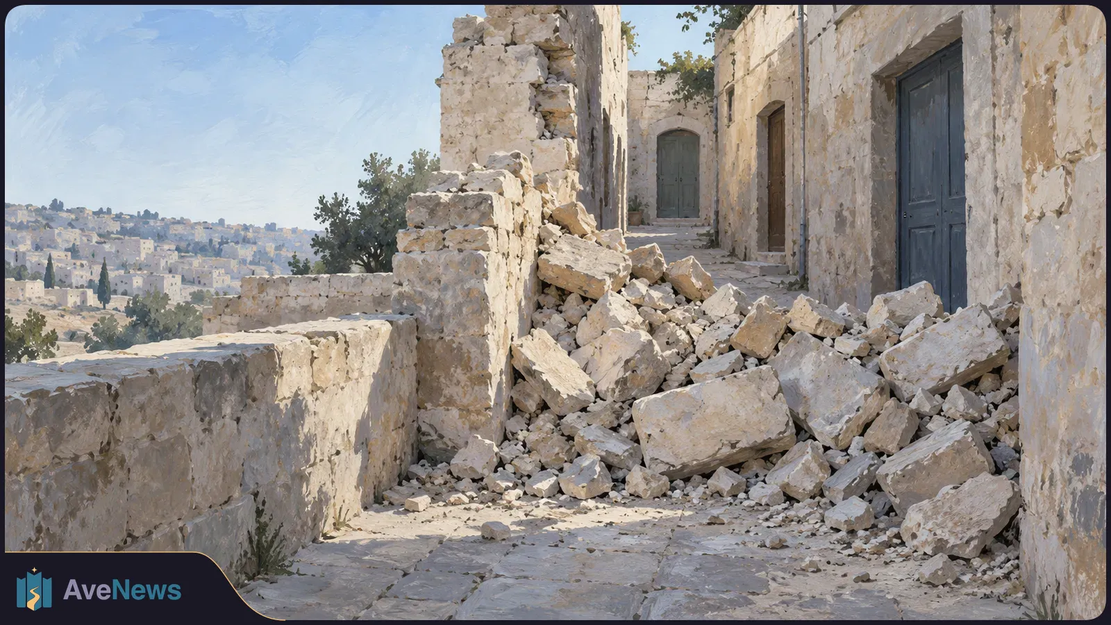 A sunlit stone alley is blocked by piles of rubble beside damaged walls and closed doors; buildings stretch across the distant hillside. SI illustration
