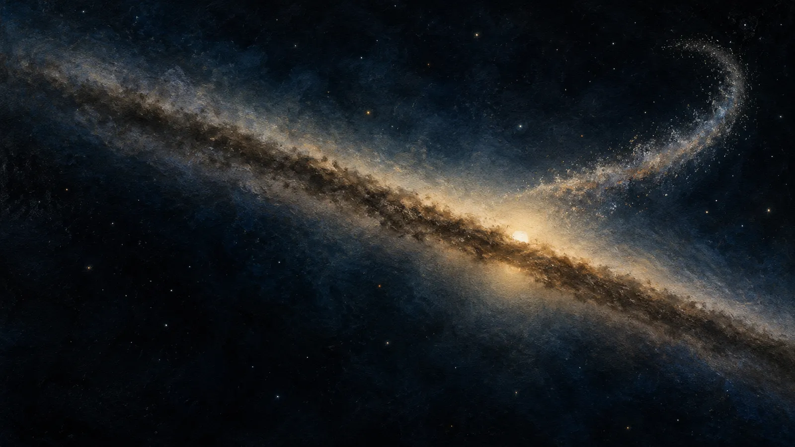 Illustration of a dusty disk crossing a dark star field, with a bright central glow and a thin, curved plume rising on the right. SI illustration