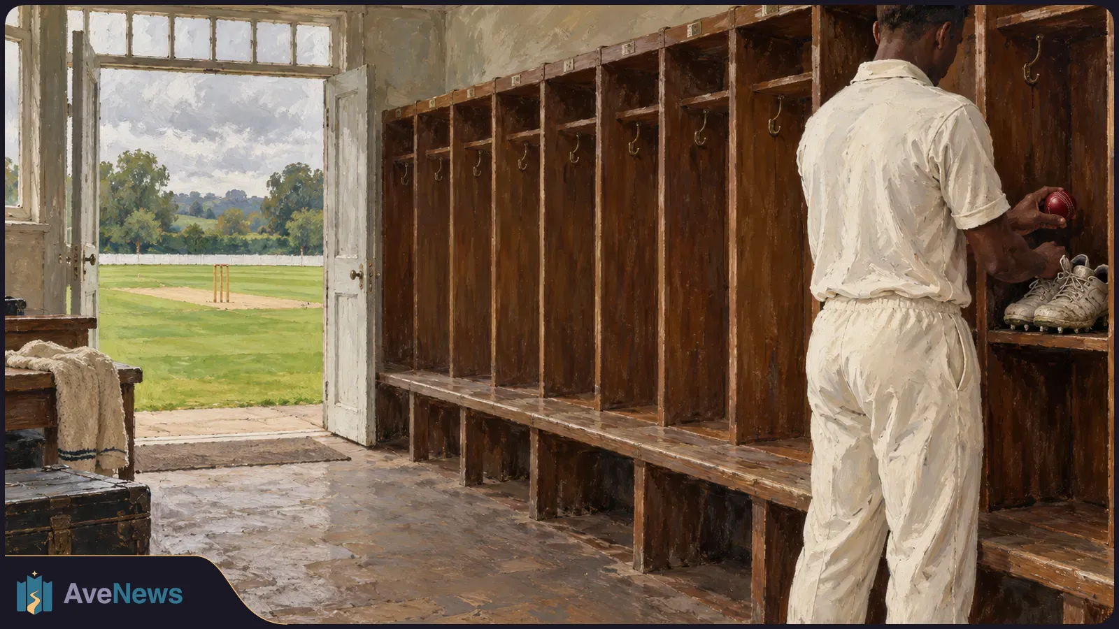 A painted cricket changing room: a player in white holds a red ball beside empty wooden lockers, with cricket stumps visible through the open door. SI illustration