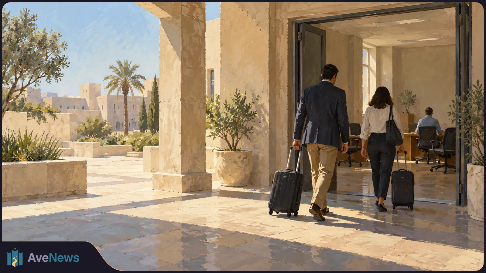 Two people pull wheeled suitcases toward an open office entrance from a sunlit stone courtyard; another person sits at a desk inside. SI illustration