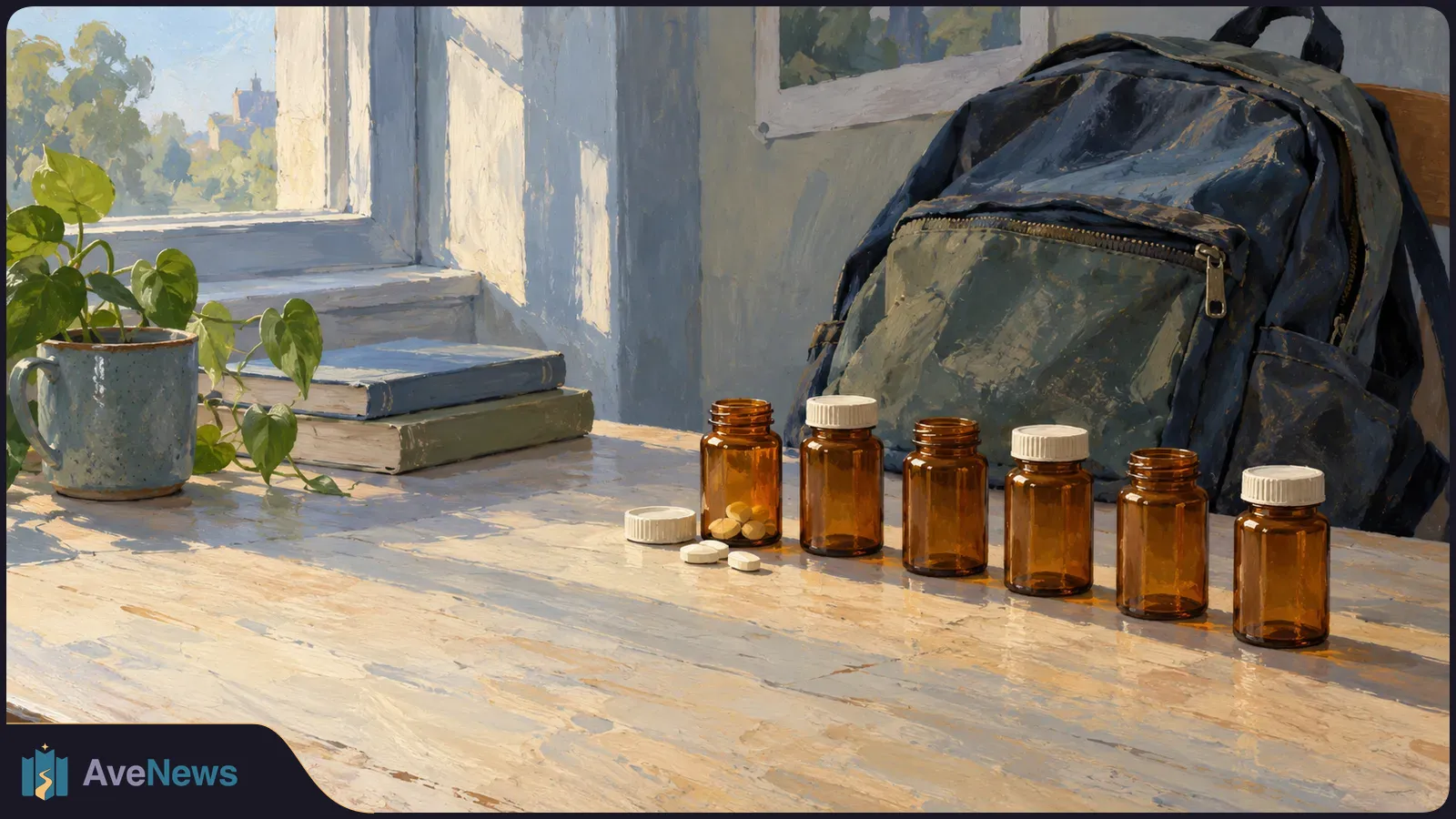 A painted scene of six amber pill bottles on a sunlit table, with tablets in the first bottle and the others apparently empty. A backpack, books and a potted plant sit nearby. SI illustration