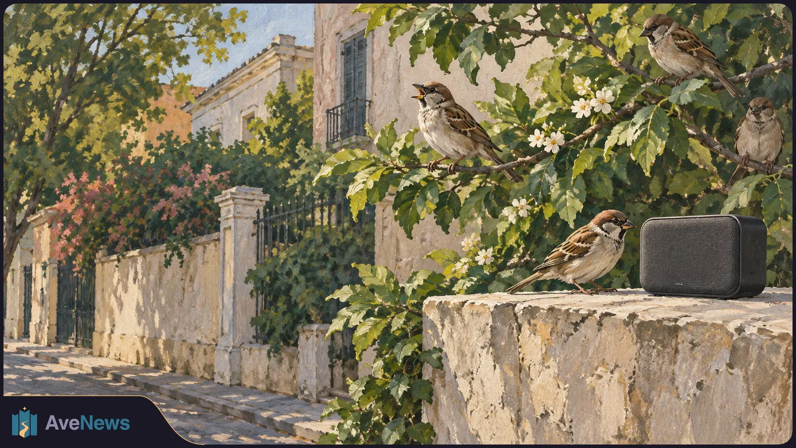 Painted scene of four sparrows among leafy, flowering branches by a stone wall. One has its beak open, and another stands beside a black speaker. SI illustration