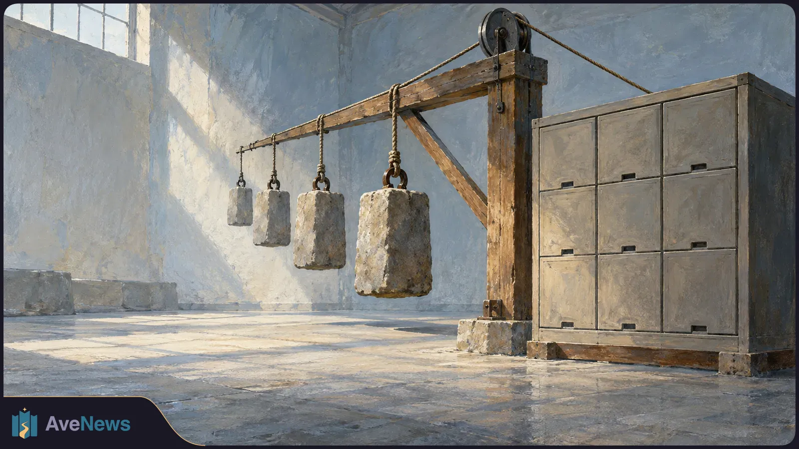 Painted industrial room with four stone weights hanging from a wooden beam beside a large cabinet of drawers. SI illustration