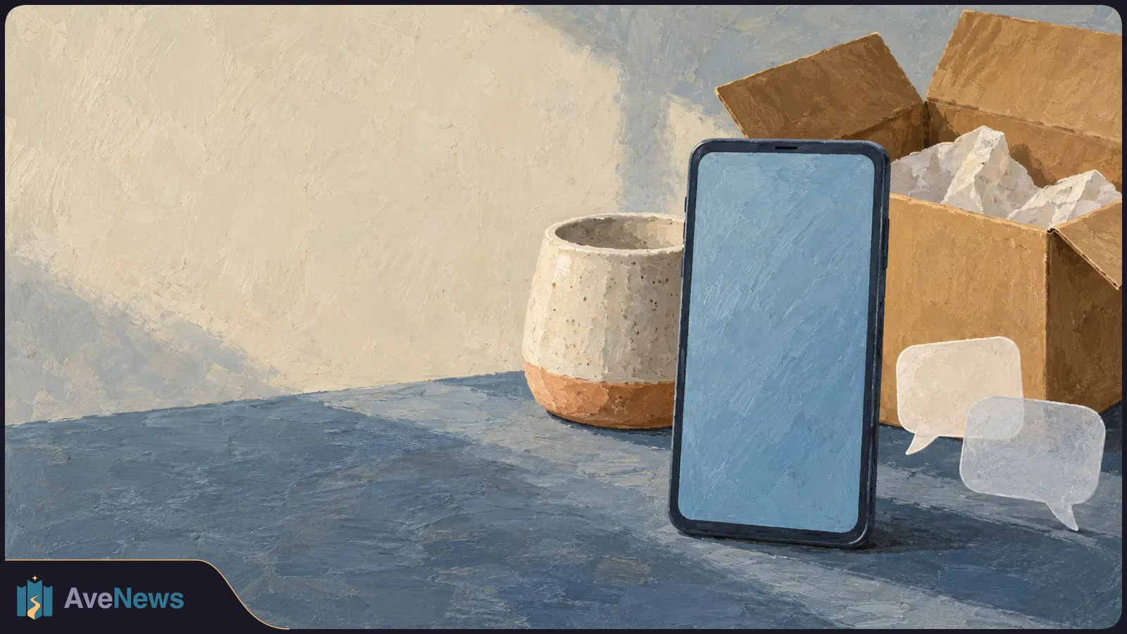 Painted illustration of a phone with a blank blue screen beside two empty speech bubbles, an open cardboard box with packing paper, and a ceramic vessel. SI illustration
