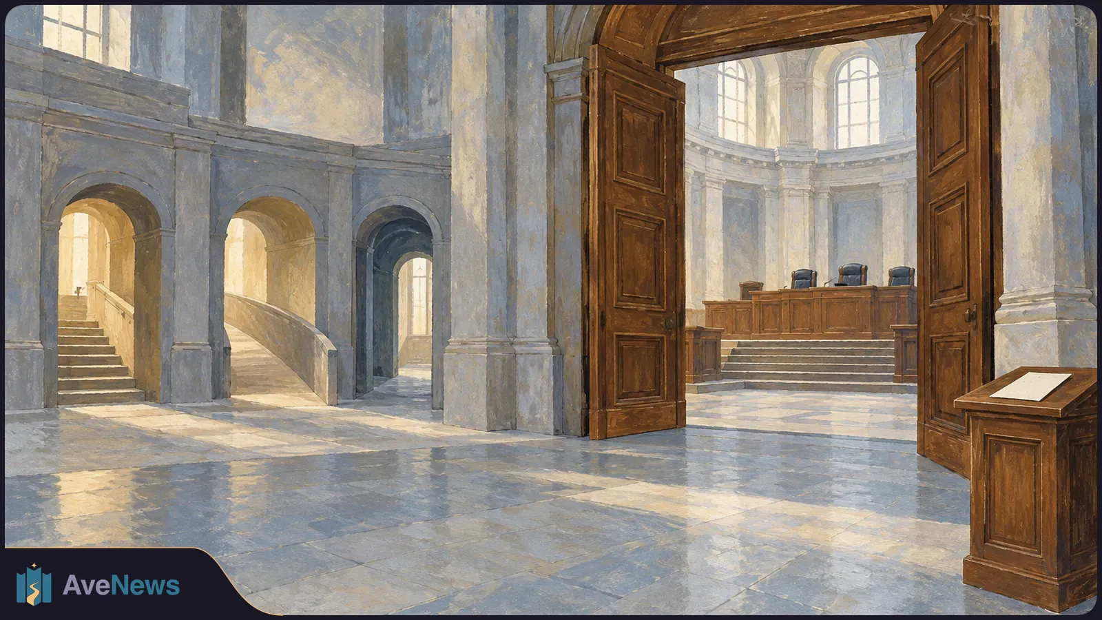 Painted view of an empty stone hall with open wooden doors leading to a raised courtroom bench and three chairs; stairs and a blank lectern sit nearby. SI illustration