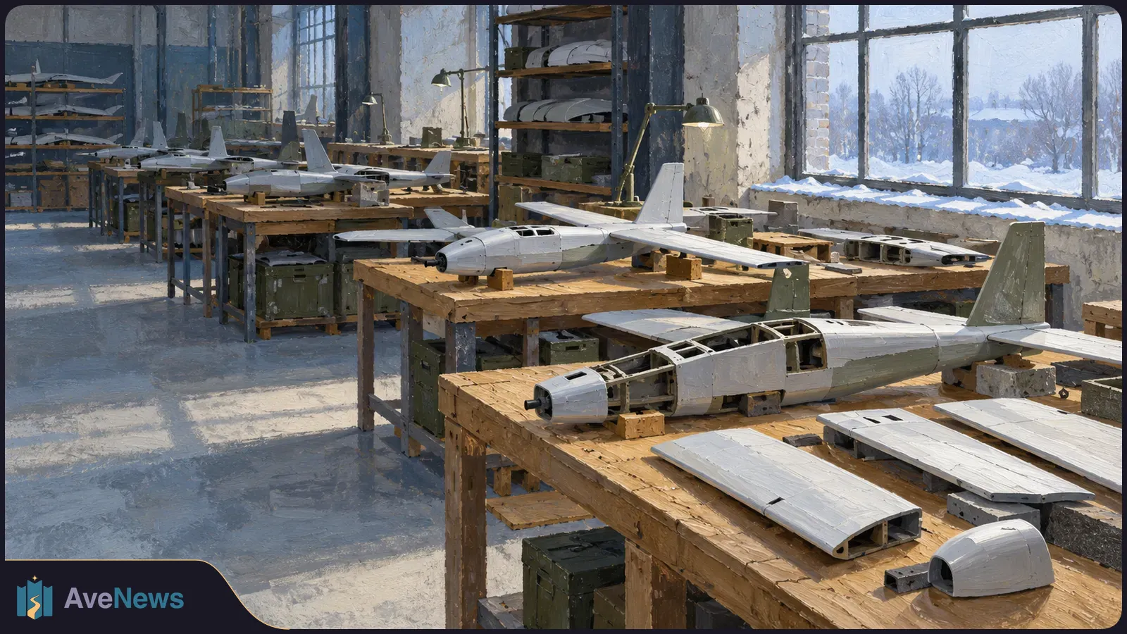 Rows of partly assembled fixed-wing drones and loose wings cover wooden workbenches in a workshop with snow visible through the windows. SI illustration