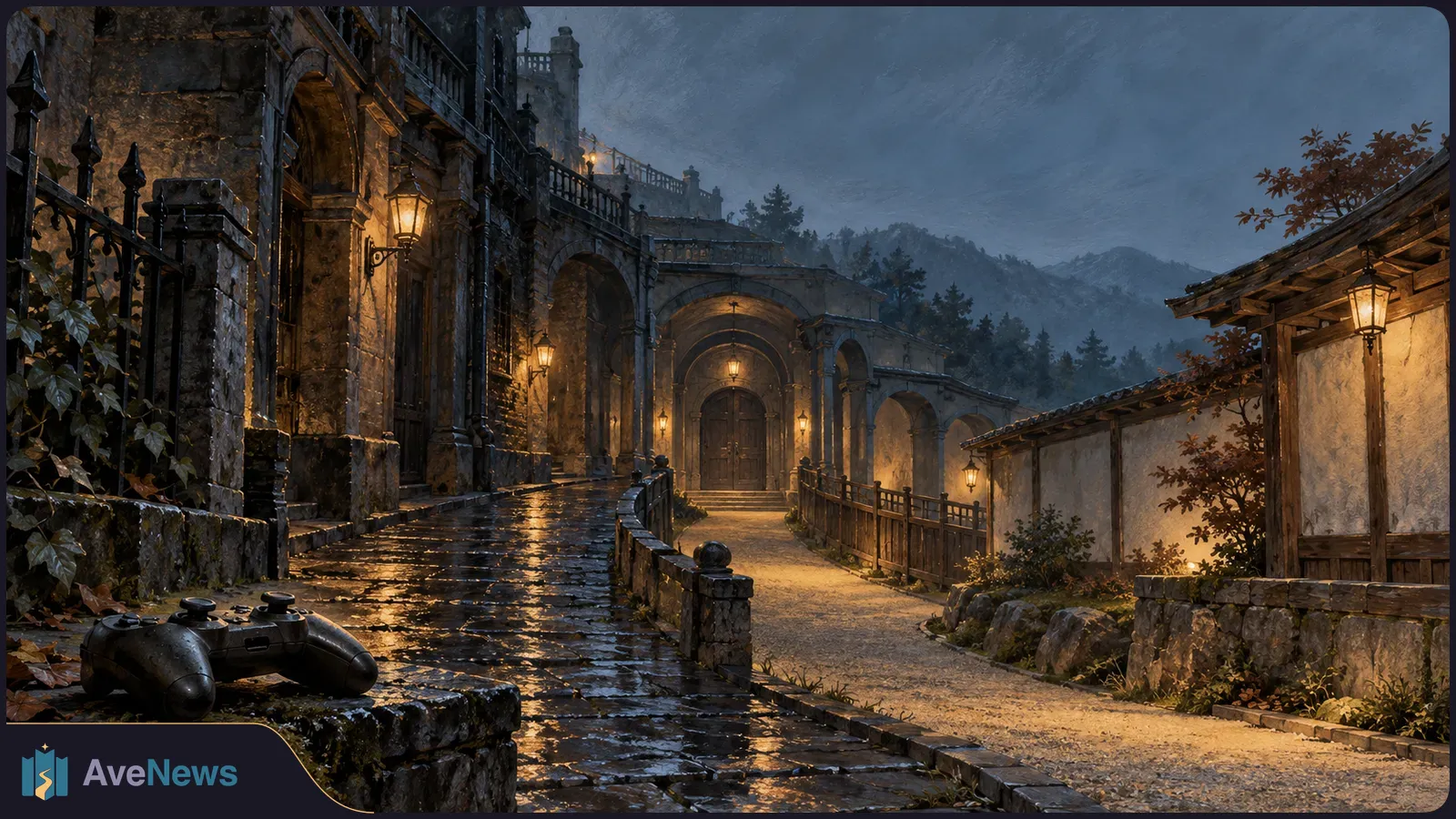 A game controller rests on a mossy stone ledge beside a wet lane leading toward lantern-lit stone arches and misty hills. SI illustration