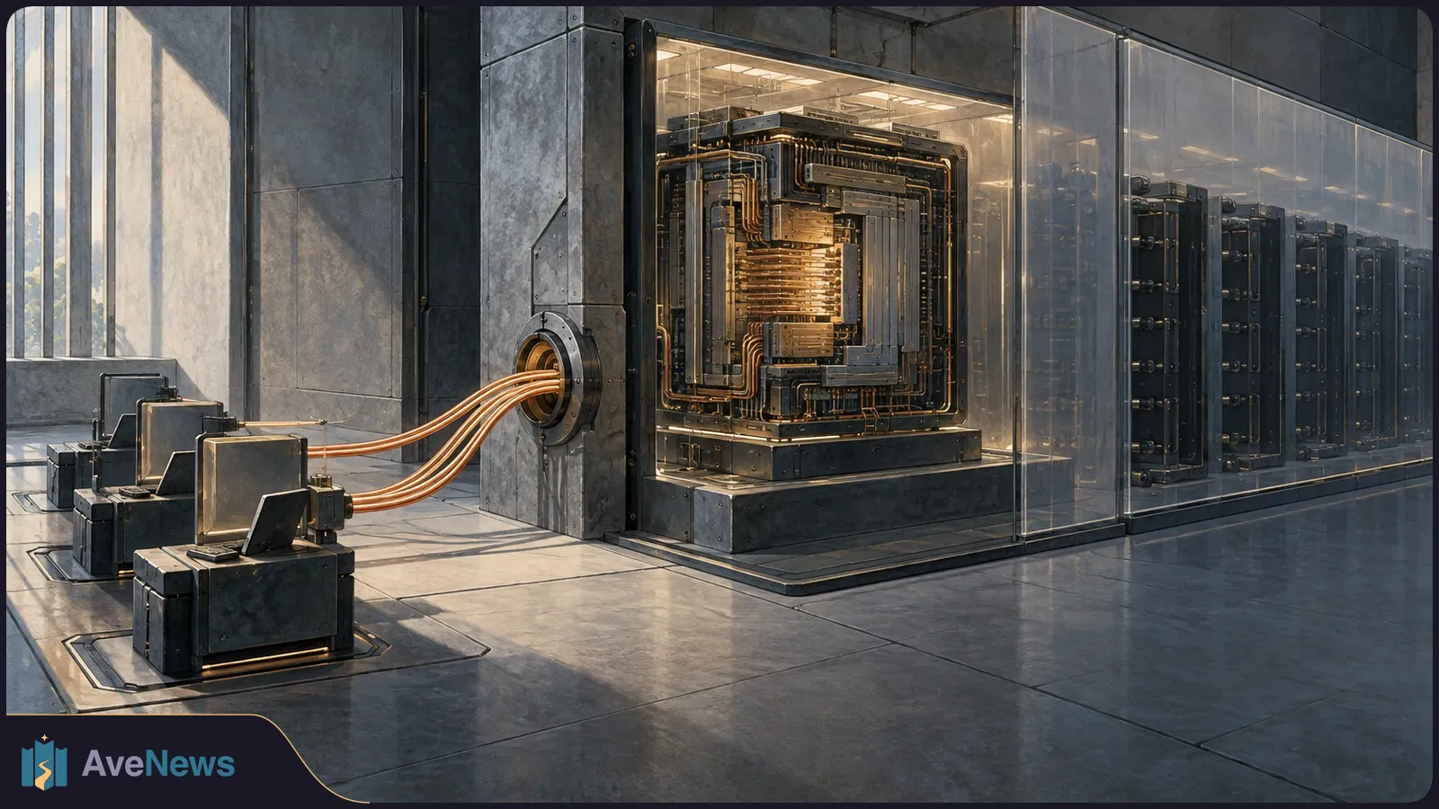 A glowing processor-like unit behind glass connects by copper cables to small terminals; dark server cabinets recede to the right. SI illustration