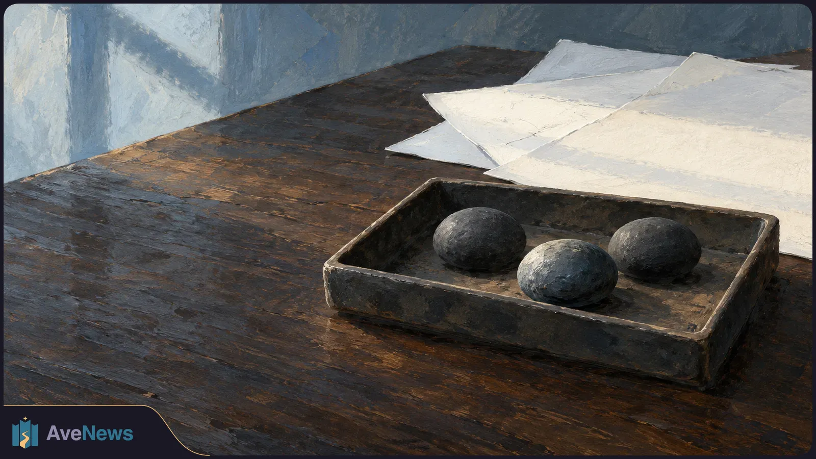 Painterly scene of three dark oval objects in a shallow tray on a wooden table, with blank white sheets behind them and window shadows on a blue wall. SI illustration