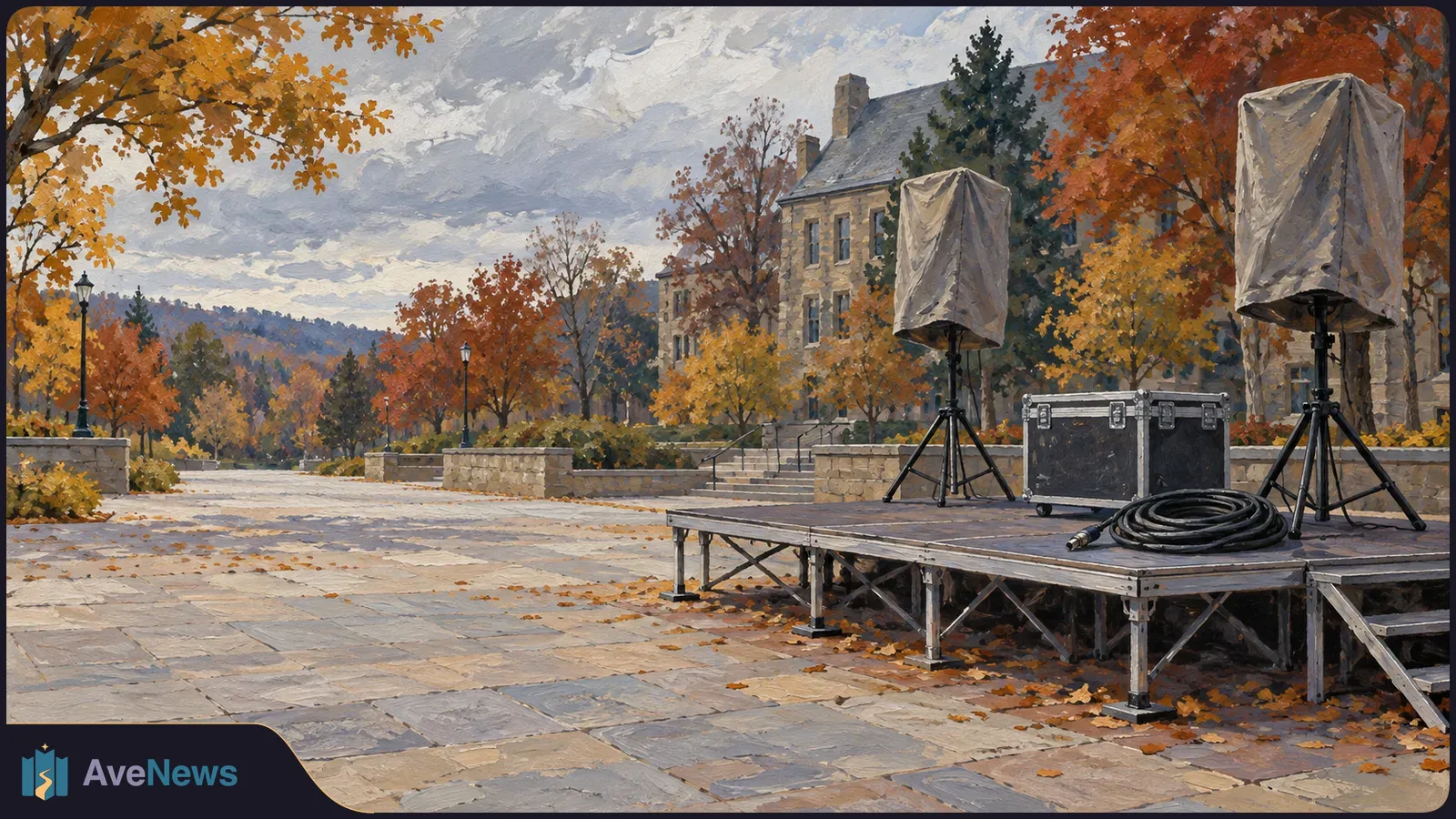Painted autumn campus plaza with an empty stage, two covered speakers, equipment cases and a coiled cable beside a stone building. SI illustration