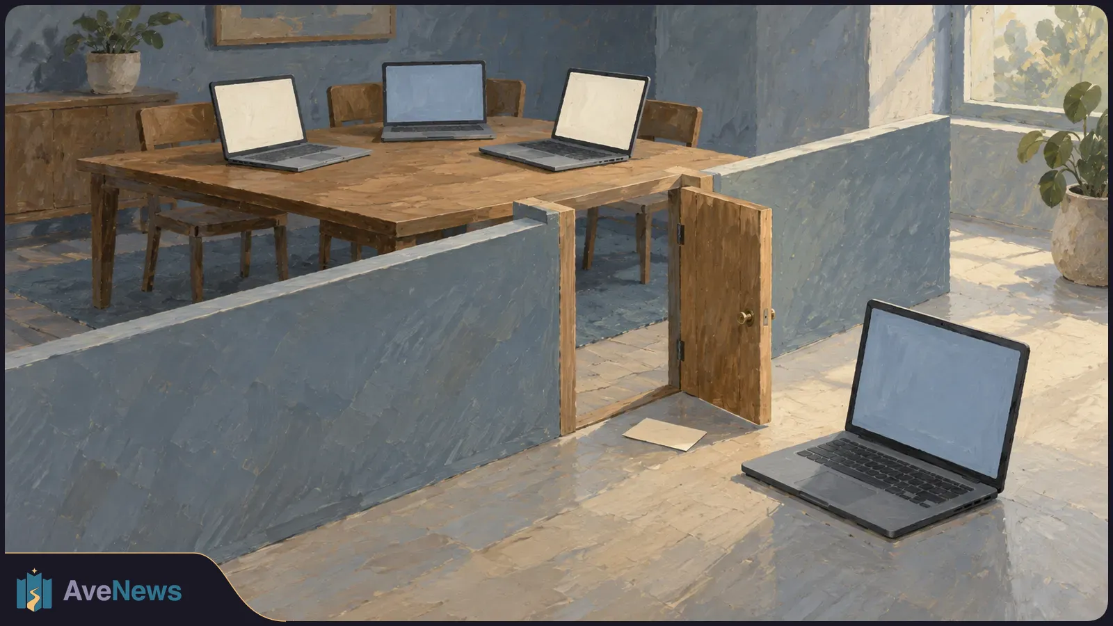 Painted room with three open laptops on a wooden table; a fourth sits outside a low partition beside an open door. SI illustration
