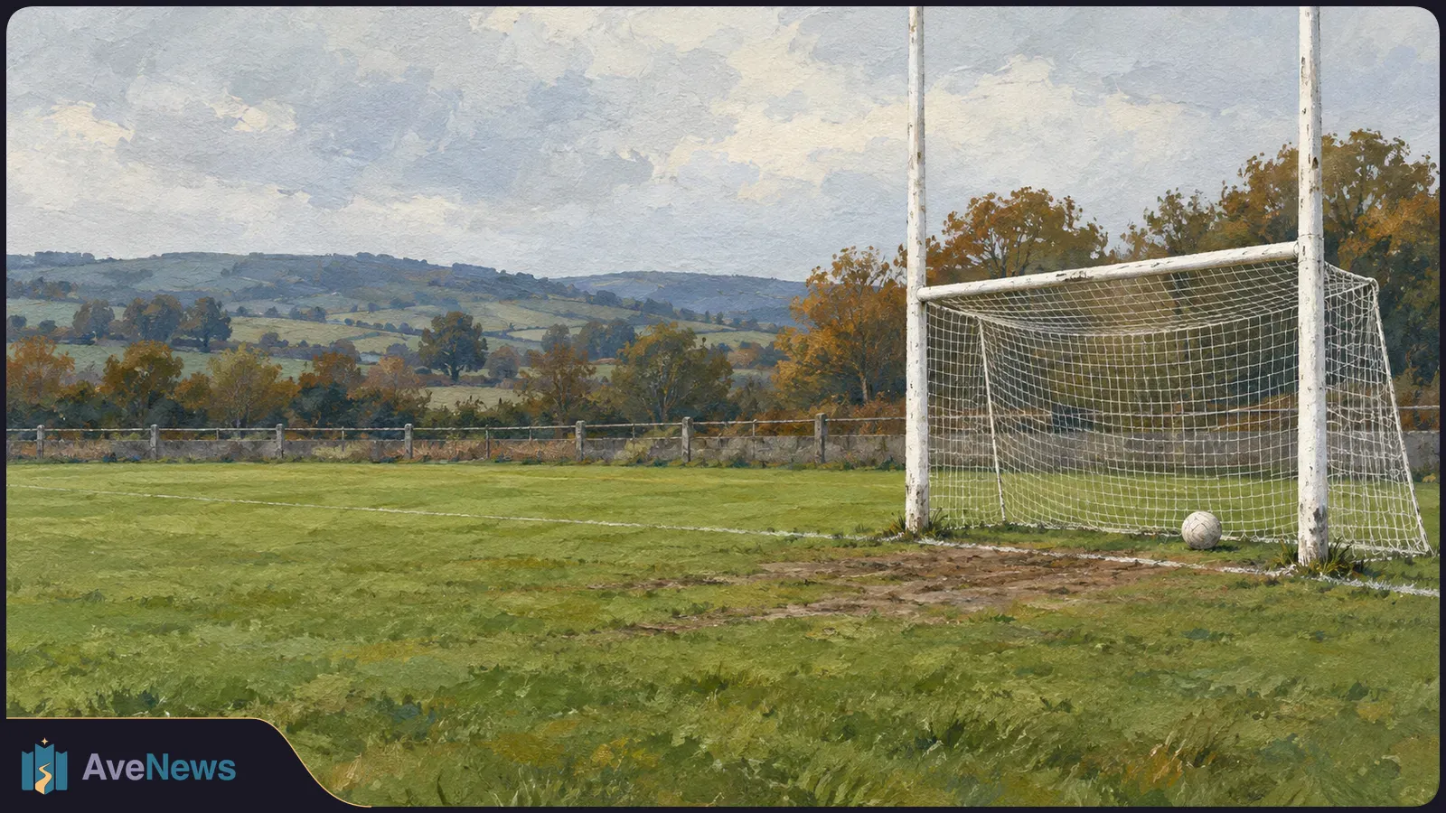 Painted view of an empty grassy sports field, with a white goal and a ball by its net; trees, rolling hills and a cloudy sky lie beyond. SI illustration