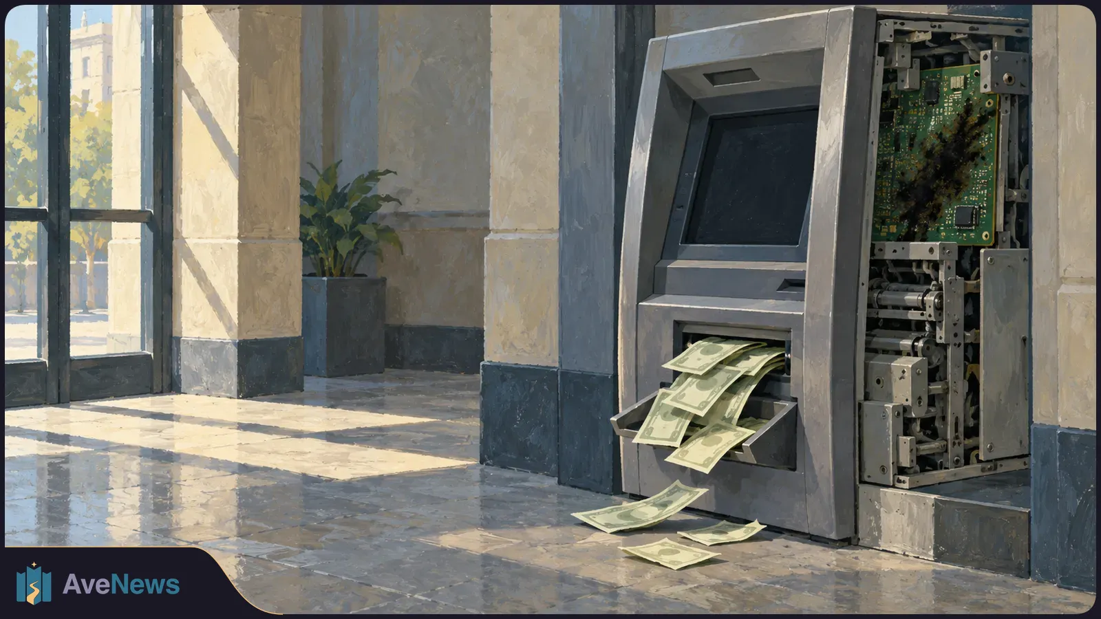 Illustration of an ATM spilling banknotes onto a tiled floor, with its open side exposing circuitry. SI illustration