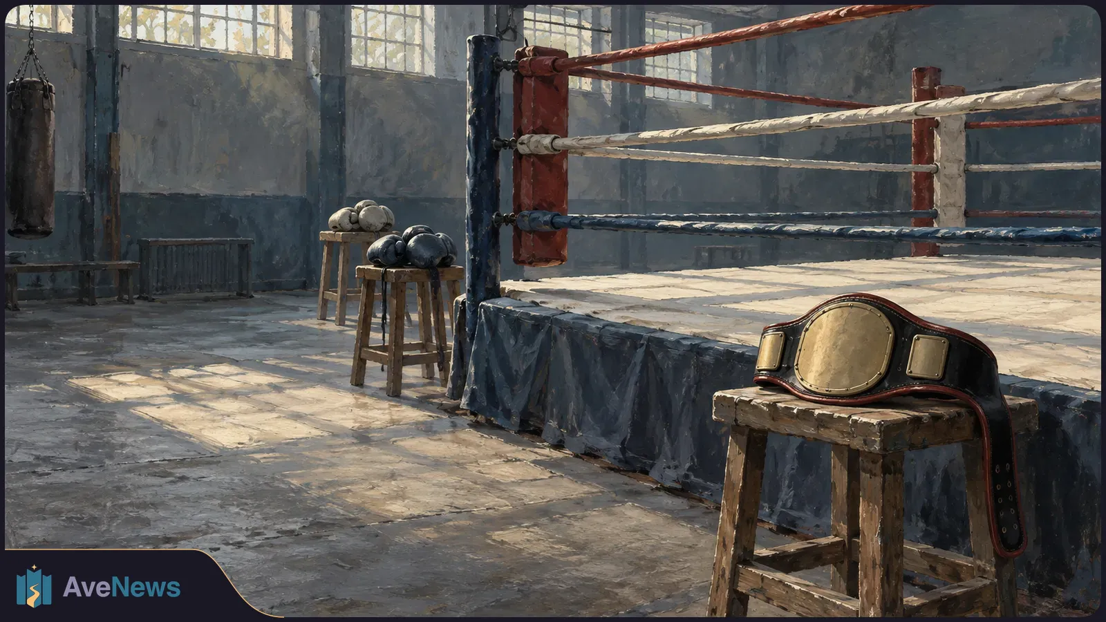 Painted boxing gym with an empty ring, a punching bag, gloves on stools, and a championship-style belt in the foreground. SI illustration