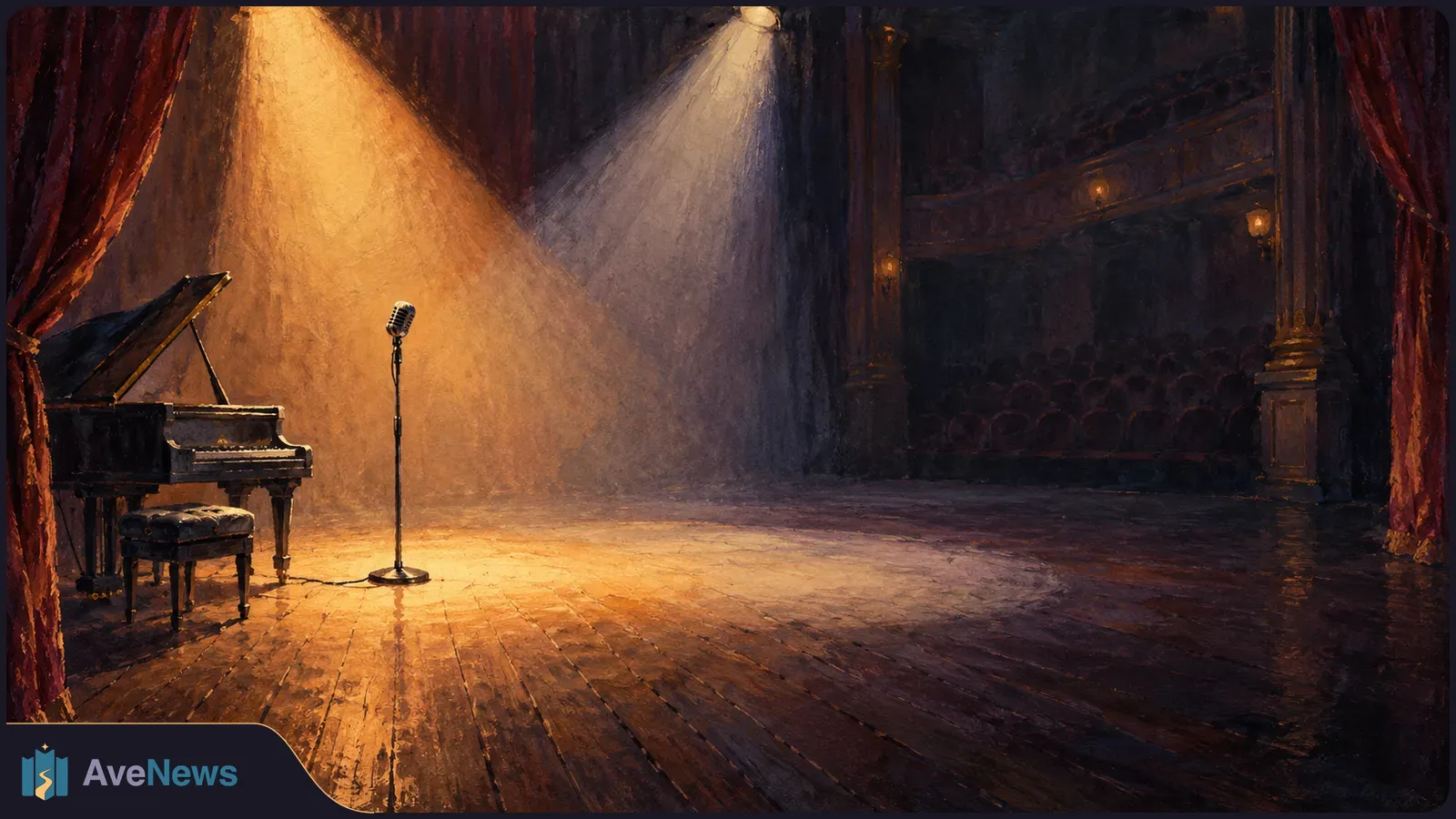 Painted theater stage with a grand piano and bench at left, a microphone under spotlights, and dark audience seating beyond. SI illustration