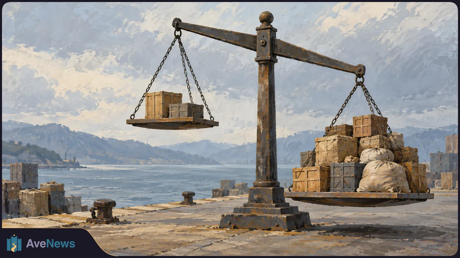 Painterly illustration of a large balance scale on a harbor quay. One pan holds two crates; the lower pan holds crates and bundled sacks. Water and mountains stretch behind it. SI illustration
