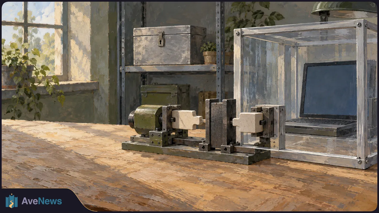 Painted workbench scene with paired metal clamps in front of a laptop inside a clear enclosure; shelves, plants and a window sit behind them. SI illustration