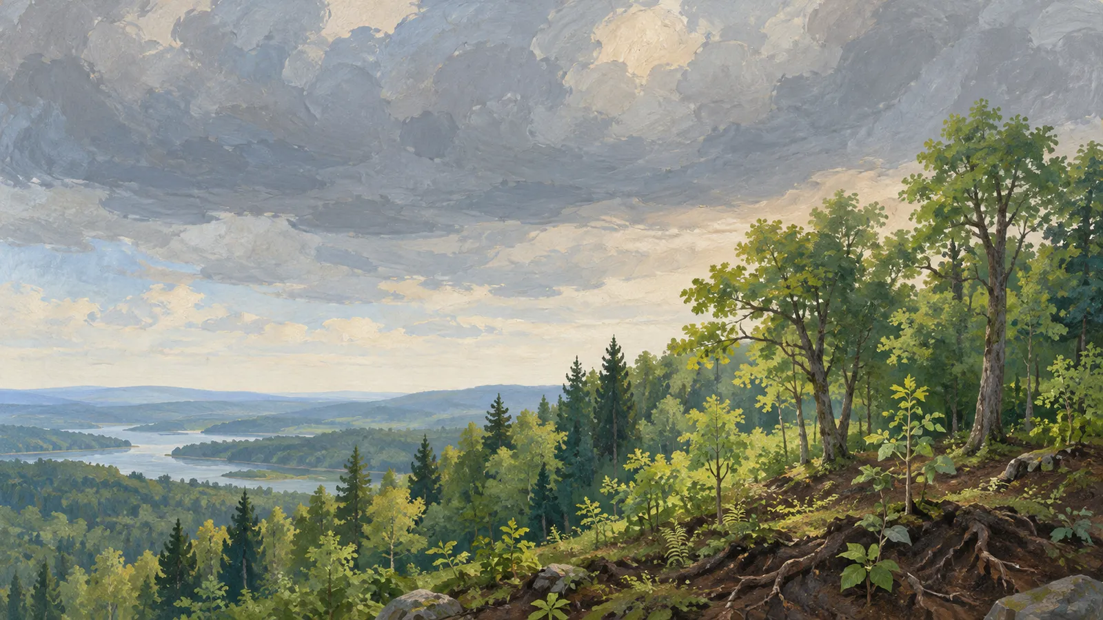 A painted landscape of a wooded hillside overlooking a winding lake and distant hills beneath heavy clouds. SI illustration