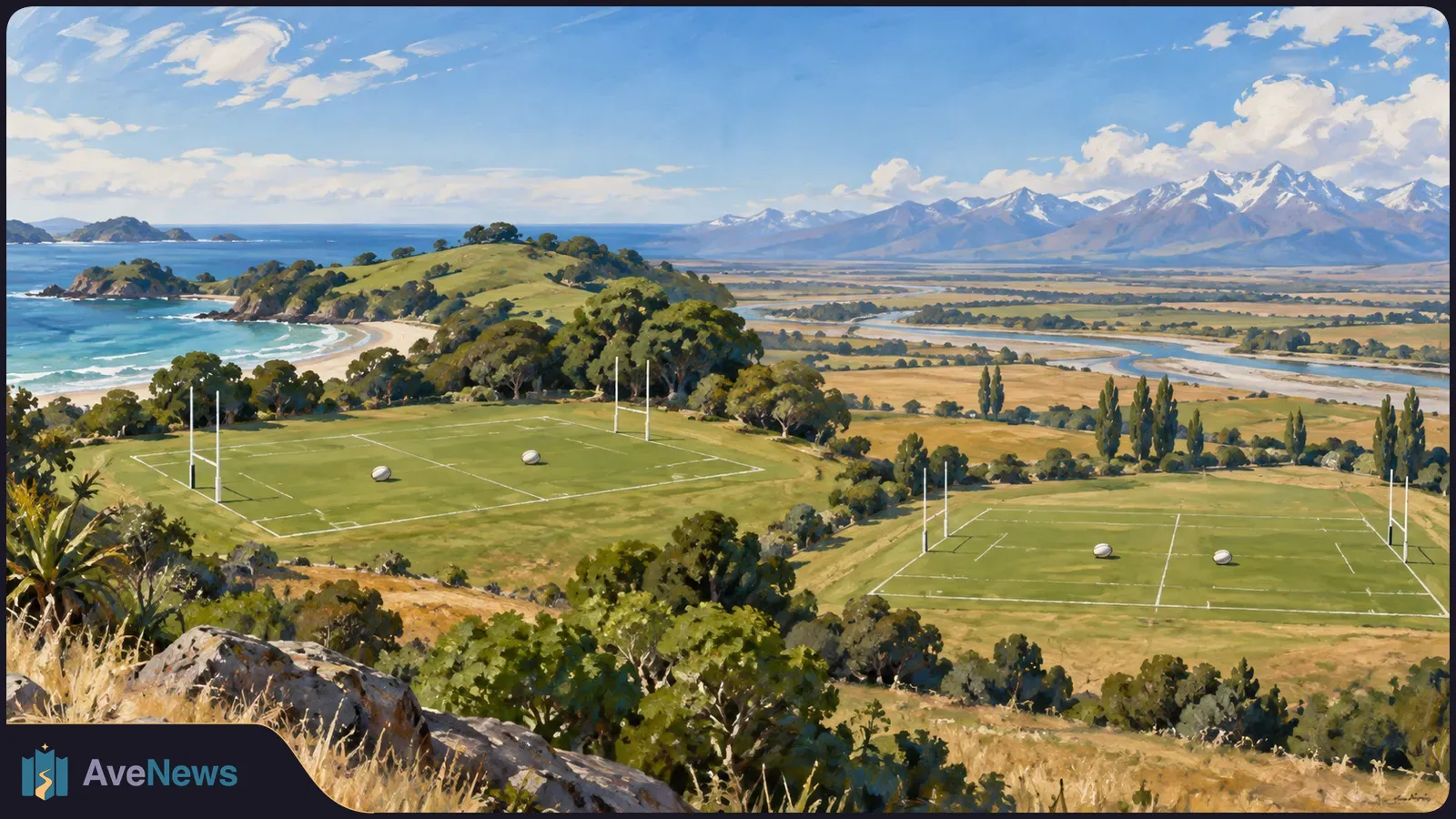 Painted landscape with two empty rugby fields, goalposts and balls beside a coast and winding river, with mountains in the distance. SI illustration