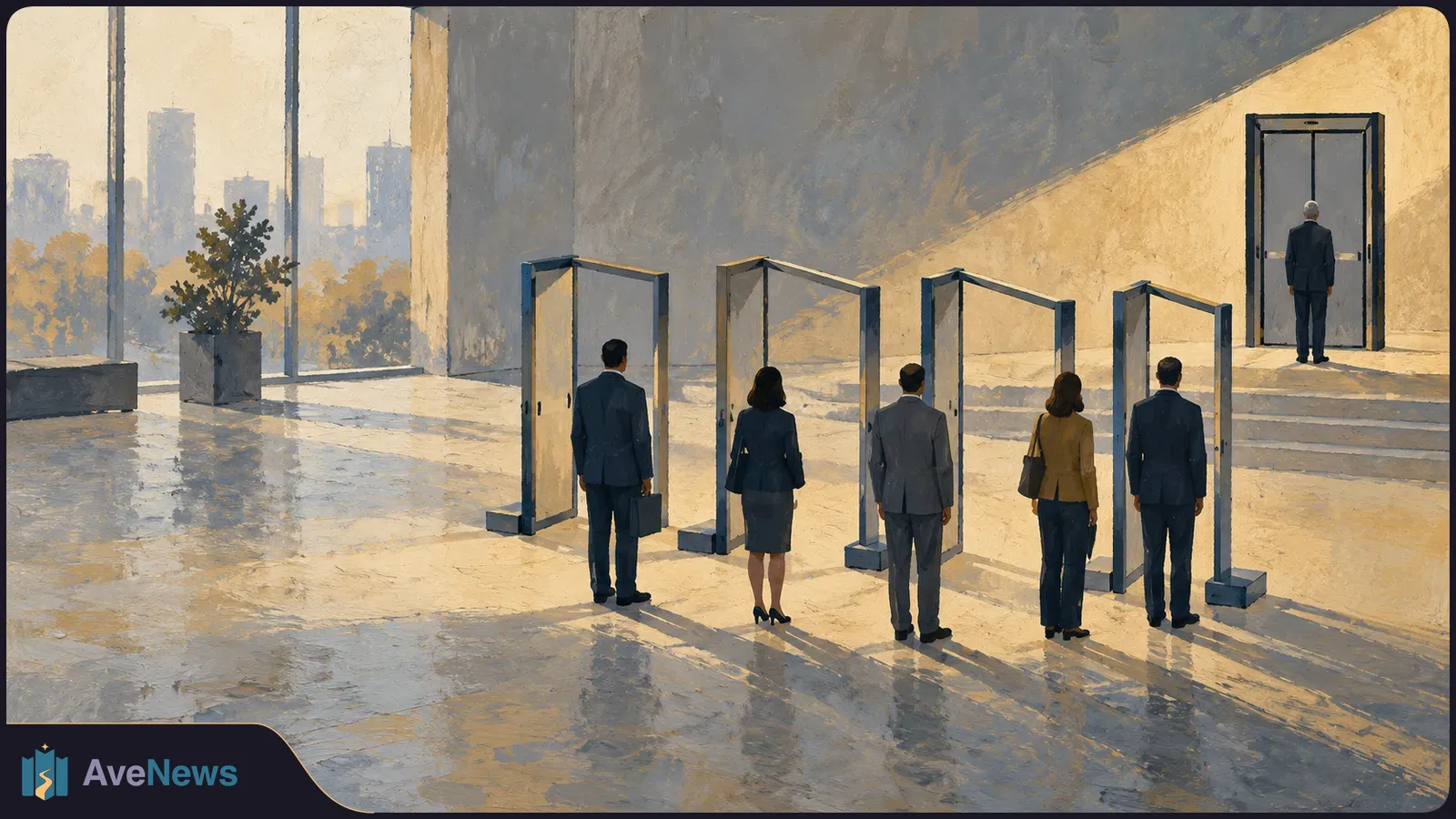 Illustration of five business-dressed people standing before separate open frames in a sunlit lobby; another person stands at a doorway beyond them. SI illustration