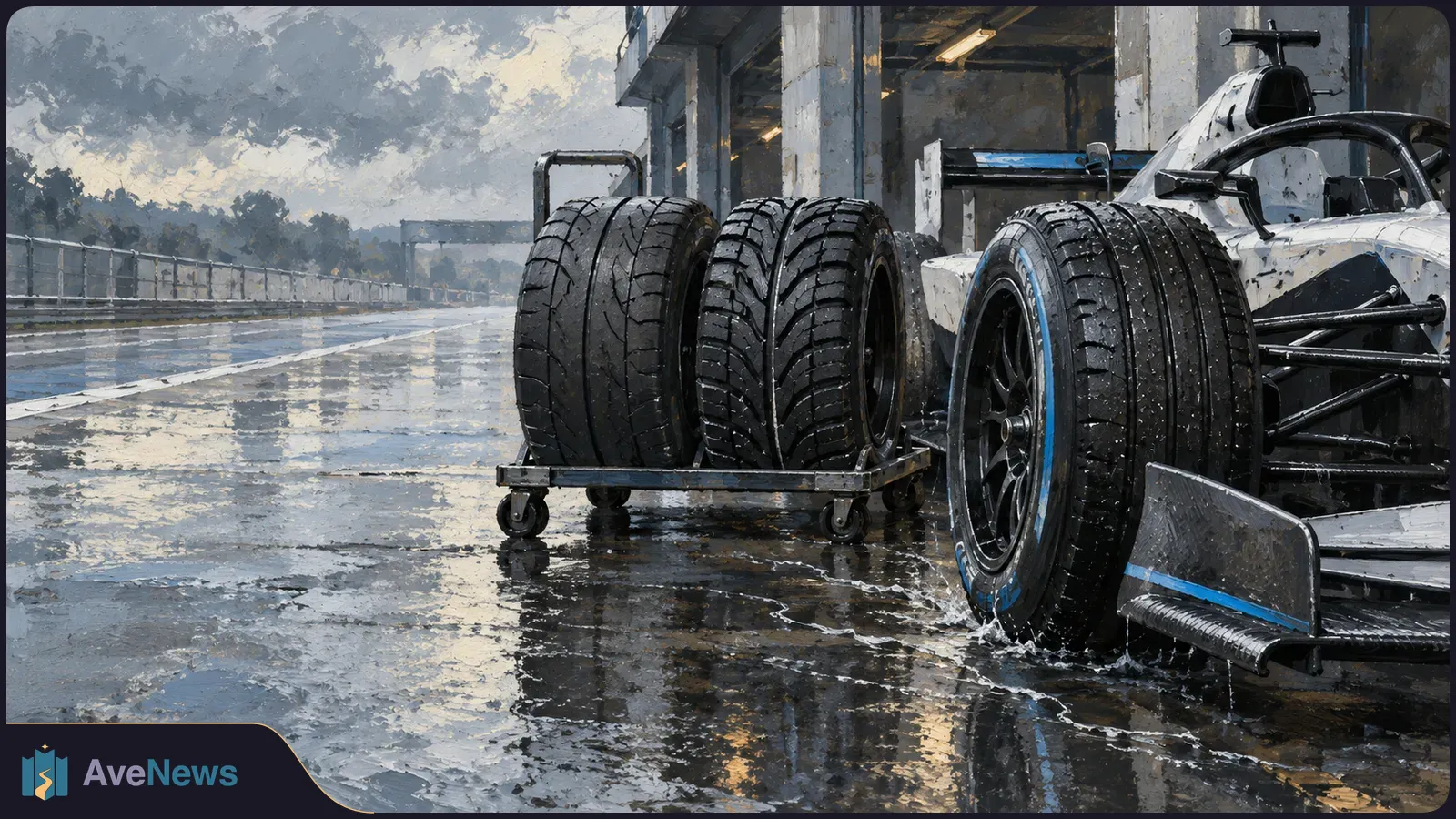 Grooved racing tyres stand on a trolley beside a single-seat car in a rain-soaked pit lane, with puddles reflecting the garages. SI illustration