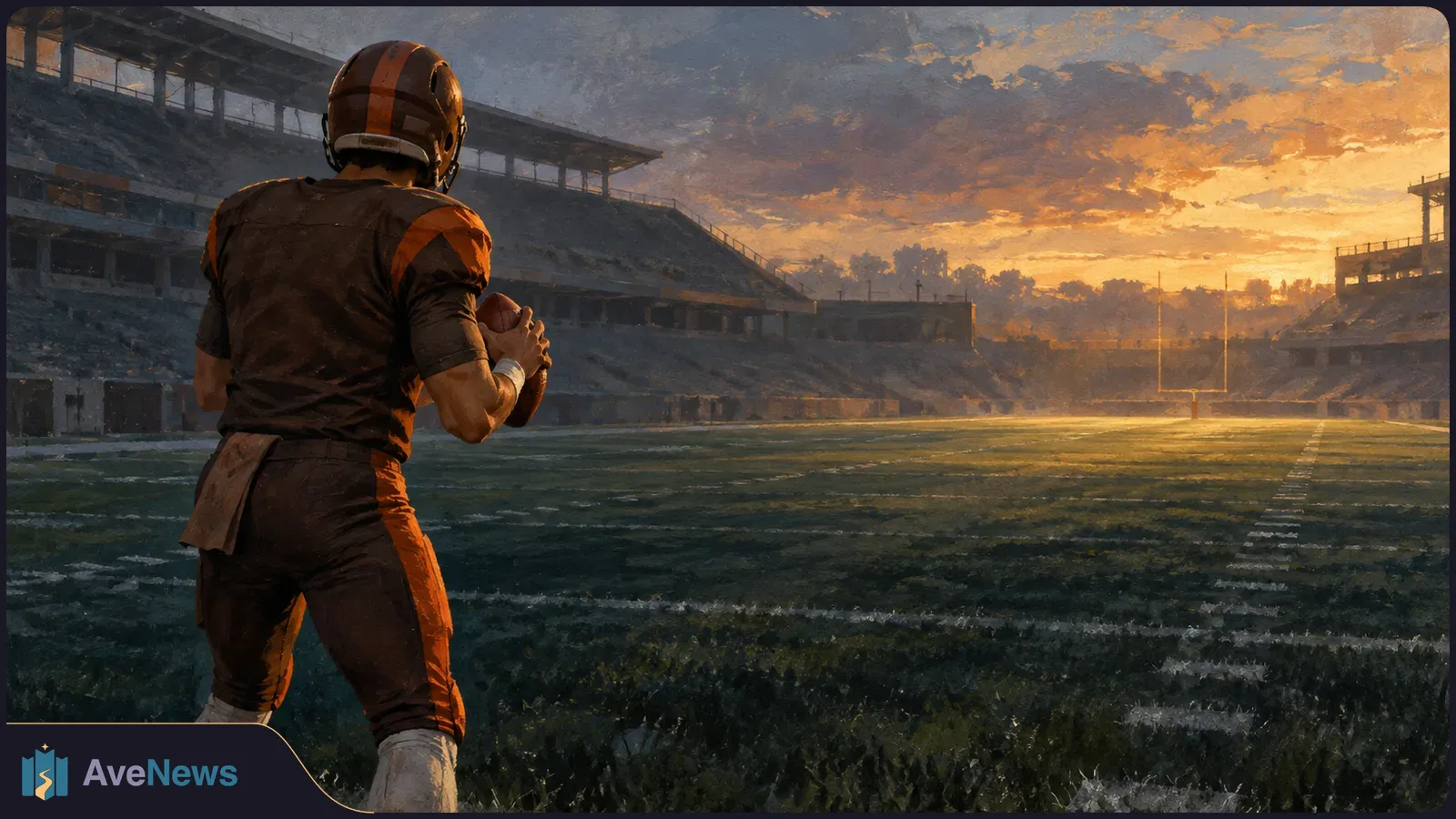 Illustration of a helmeted football player holding a ball on an empty stadium field at sunset, facing distant goalposts. SI illustration