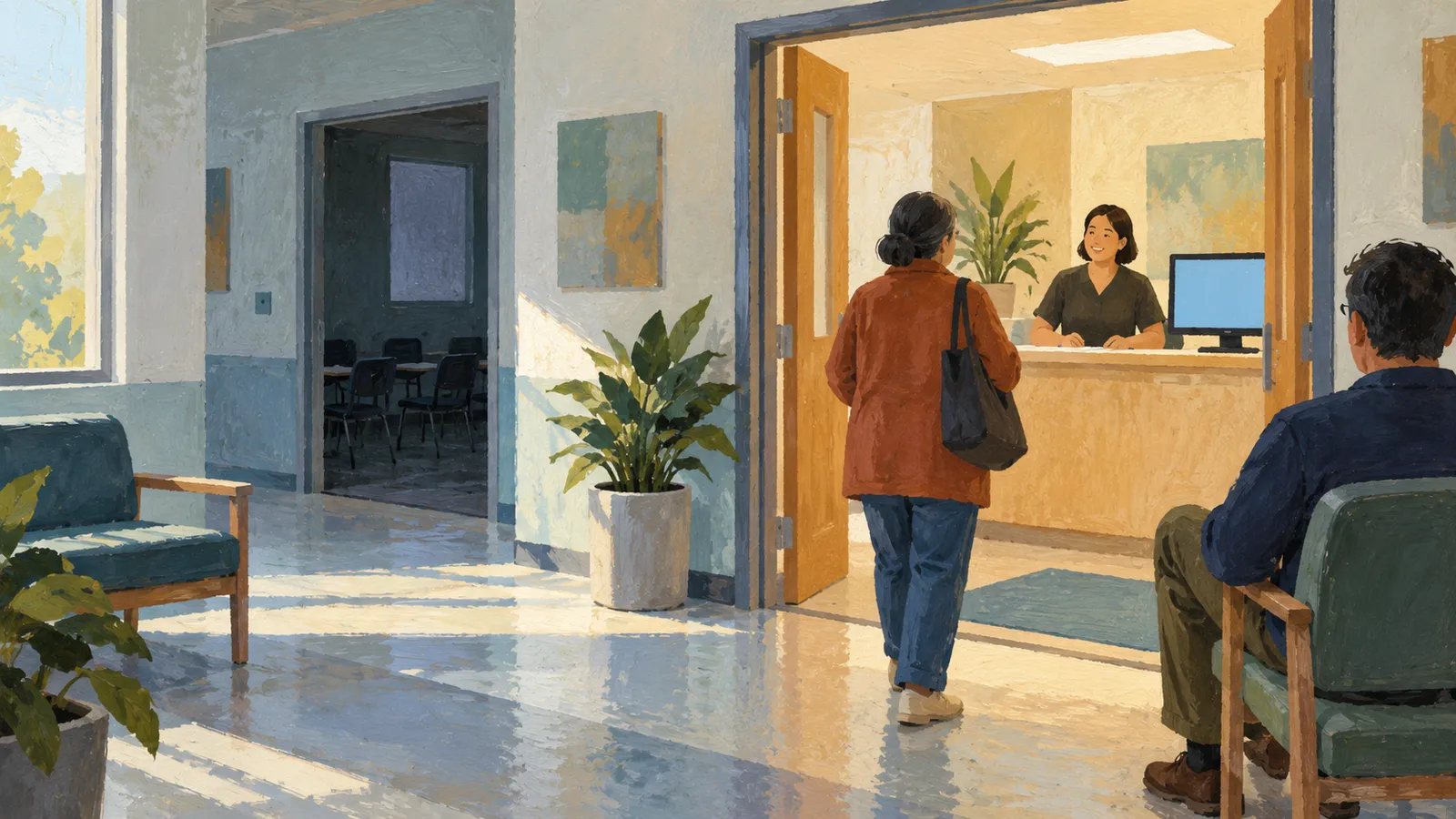 A painted scene of a woman approaching a reception desk while another person sits in a sunlit waiting area with chairs and plants. SI illustration
