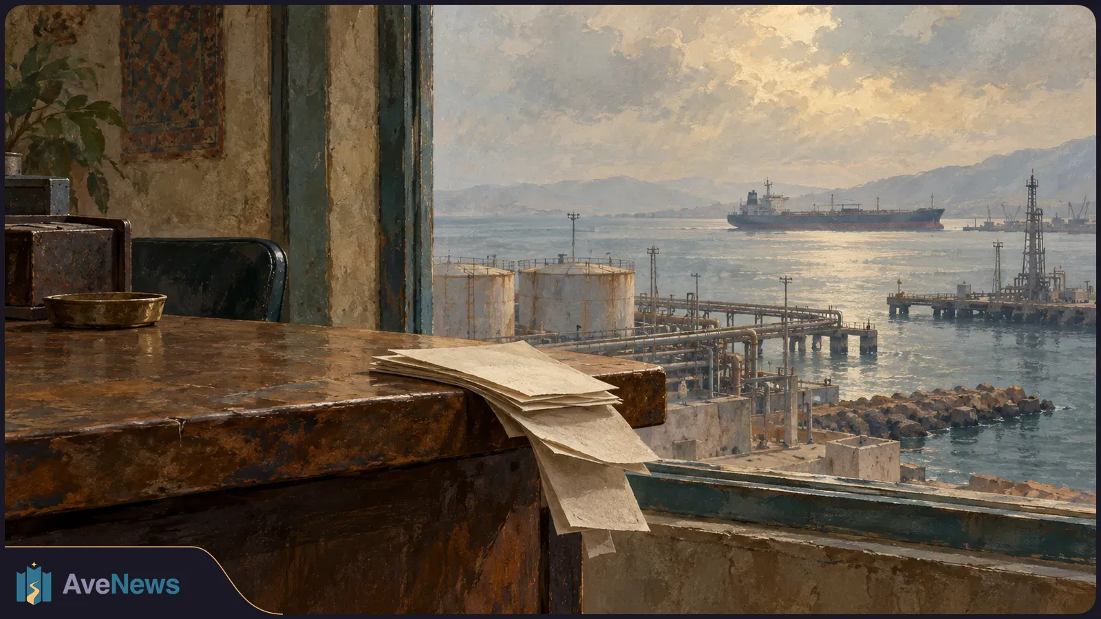 Papers lie on a worn desk beside a window overlooking storage tanks, pipelines, a pier and a tanker on the water beneath a cloudy sky. SI illustration