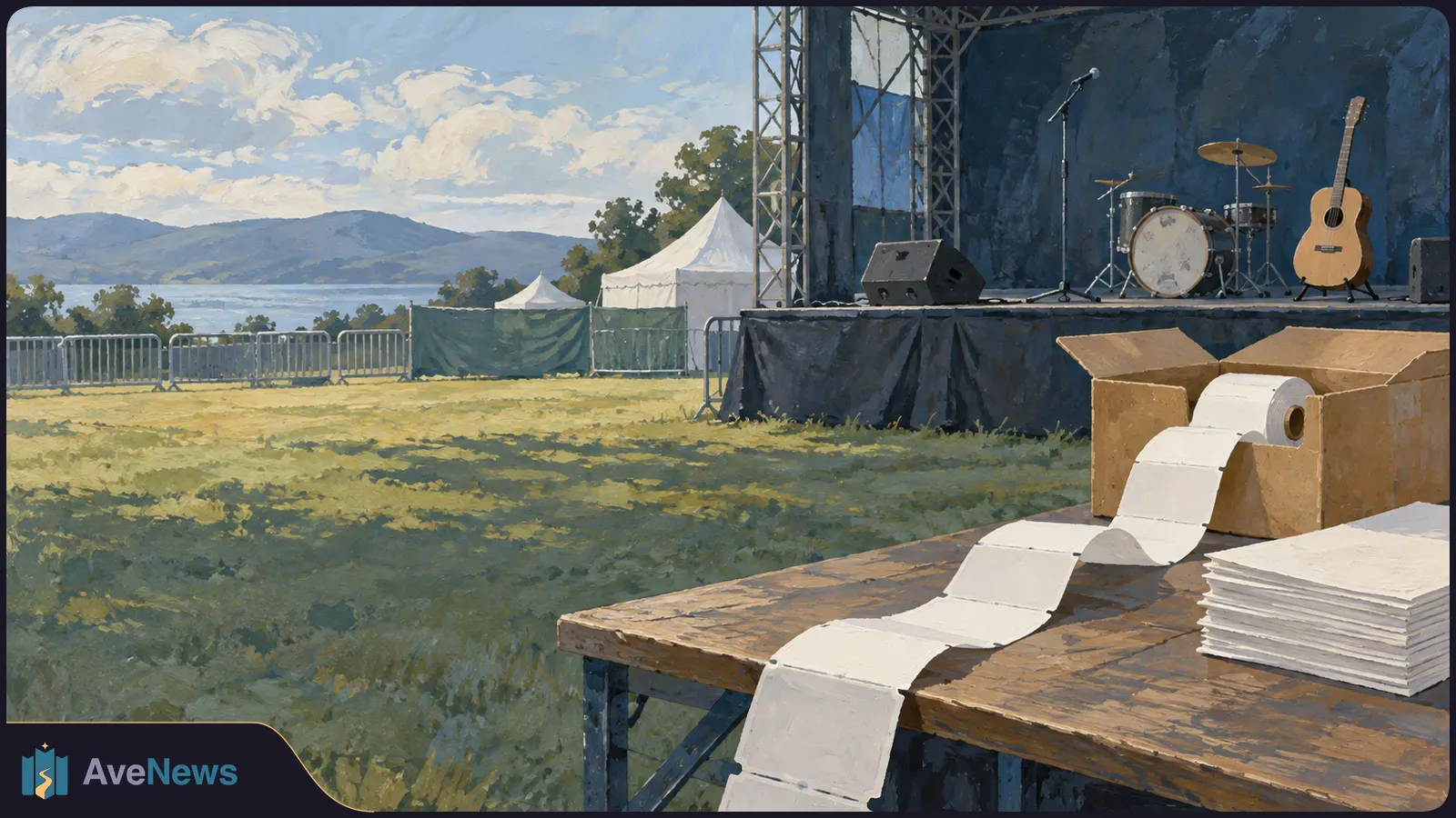 An empty outdoor music stage with drums, a guitar and a microphone stands behind a table holding long blank paper strips and a stack of sheets. SI illustration