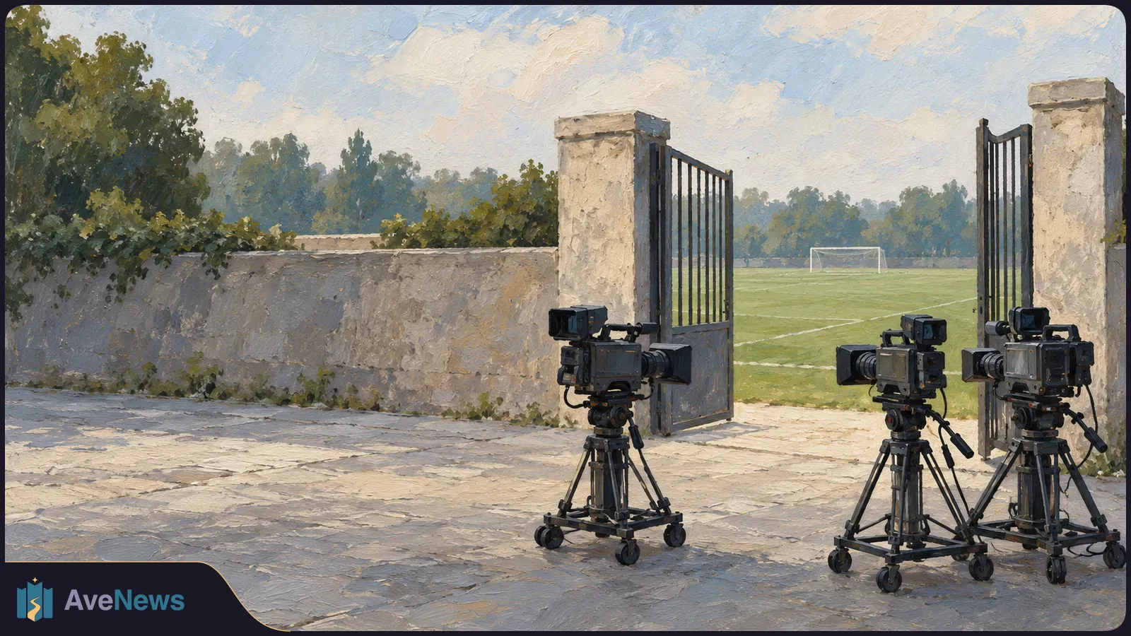 Oil-style illustration of three broadcast cameras on tripods outside open gates to a soccer field, with a goal in the distance. SI illustration