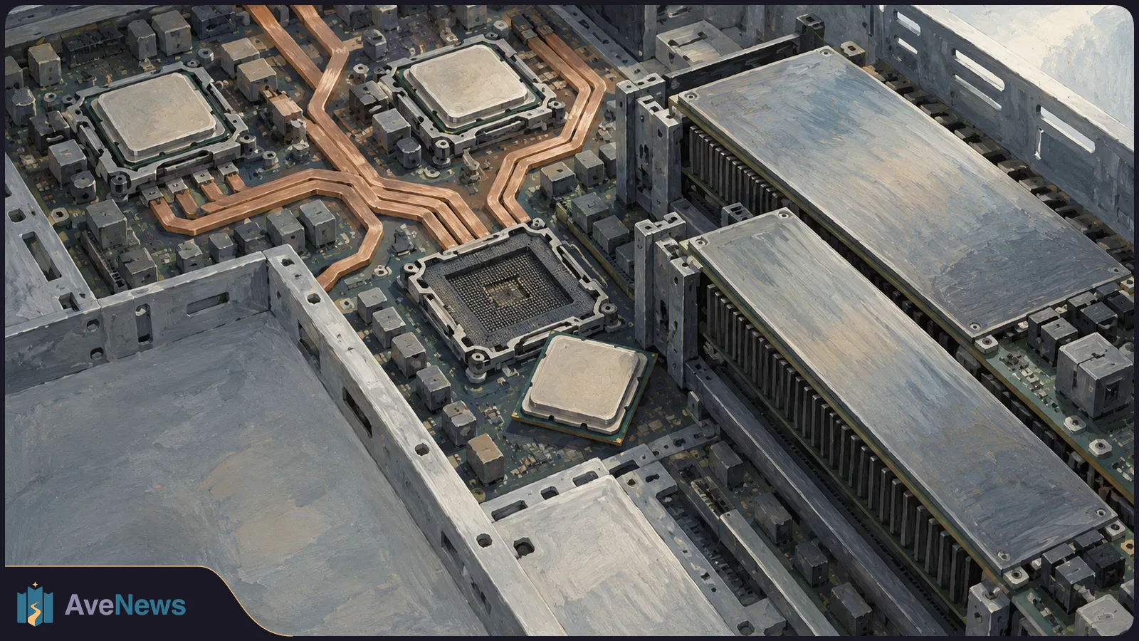 Painterly view of a circuit board with square chips, copper-colored traces, an empty chip socket and two large finned components on the right. SI illustration